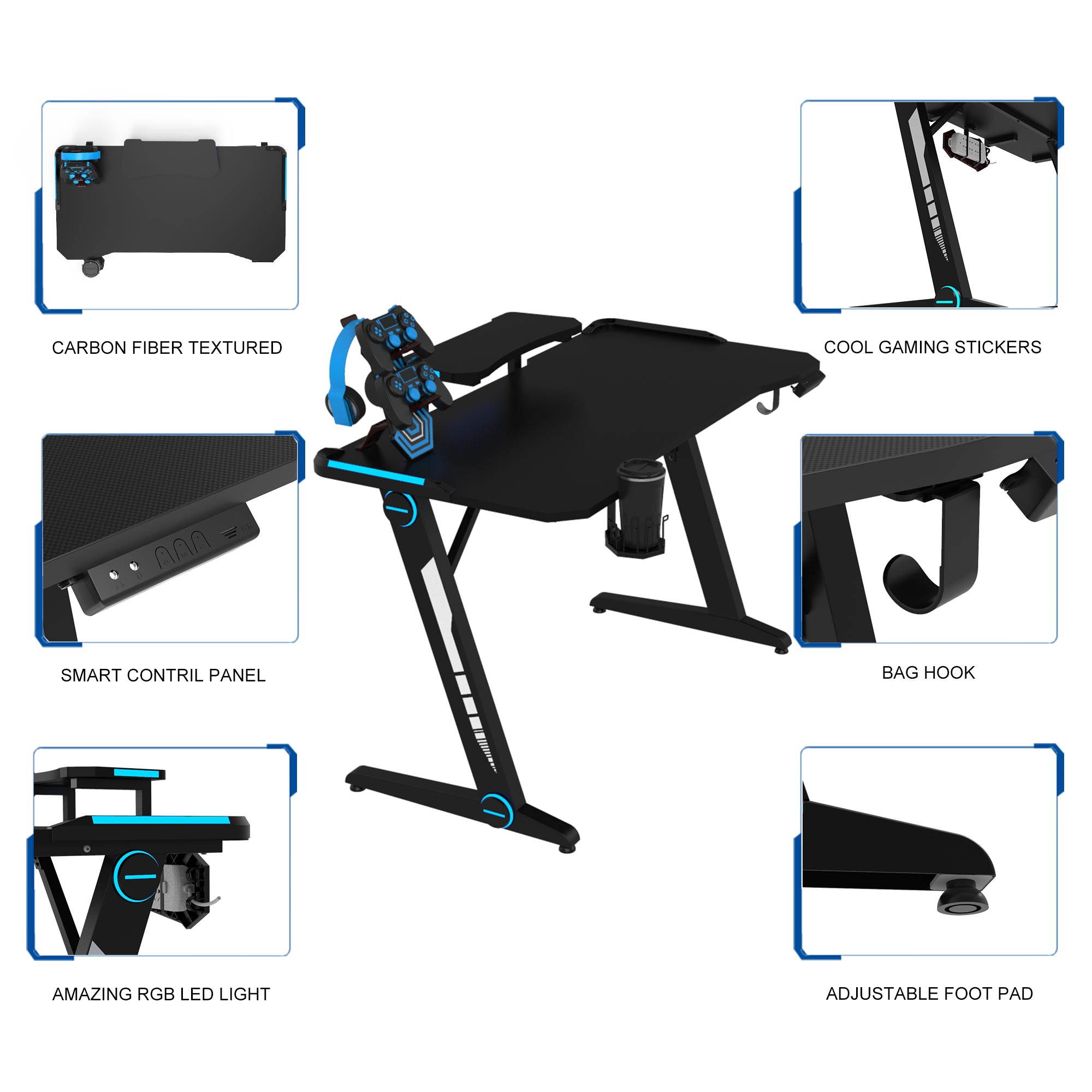 43.3'' Gaming Desk Z-Shaped Professional E-Sport Gamer Workstation Ergonomic PC Gaming Table Home Office Desk with LED Lights & Large Carbon Fiber Surface
