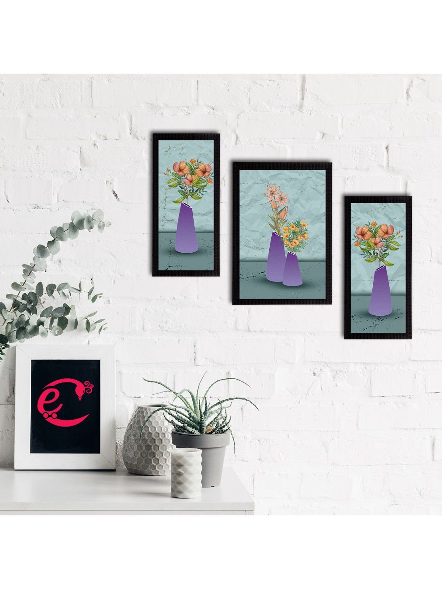 eCraftIndia Set of 3 Botanical and Floral Satin Matt Textured UV Art Painting