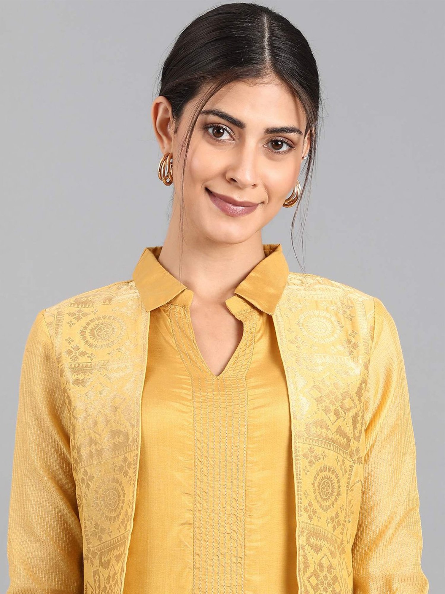 W Yellow Printed Straight Double Layered Kurta