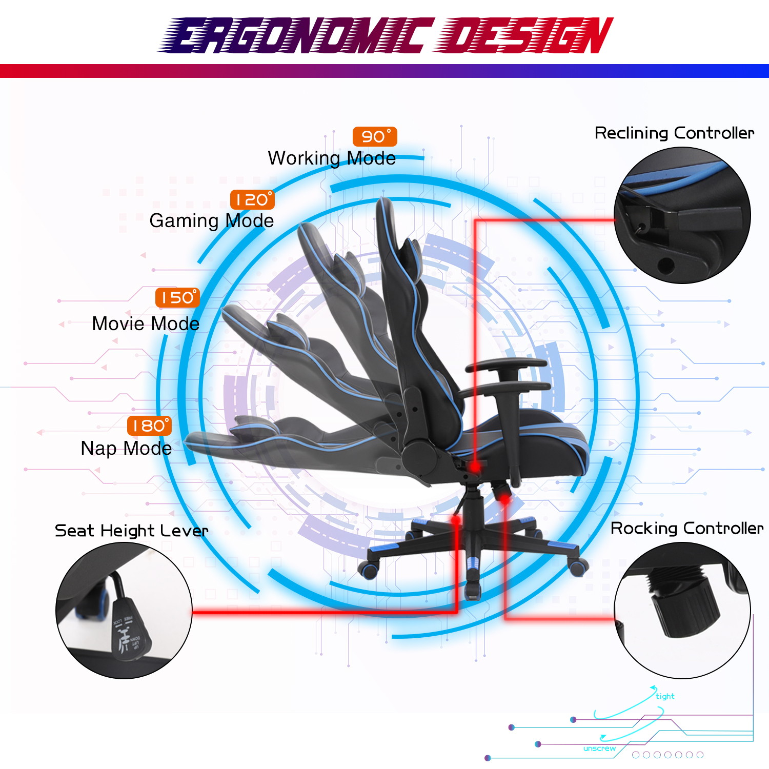 Racing Style Ergonomic Computer Gaming Chair Massage Chair with High-Back Swivel PU Leather, Seat Height Adjustable, and Lumbar & Head Support