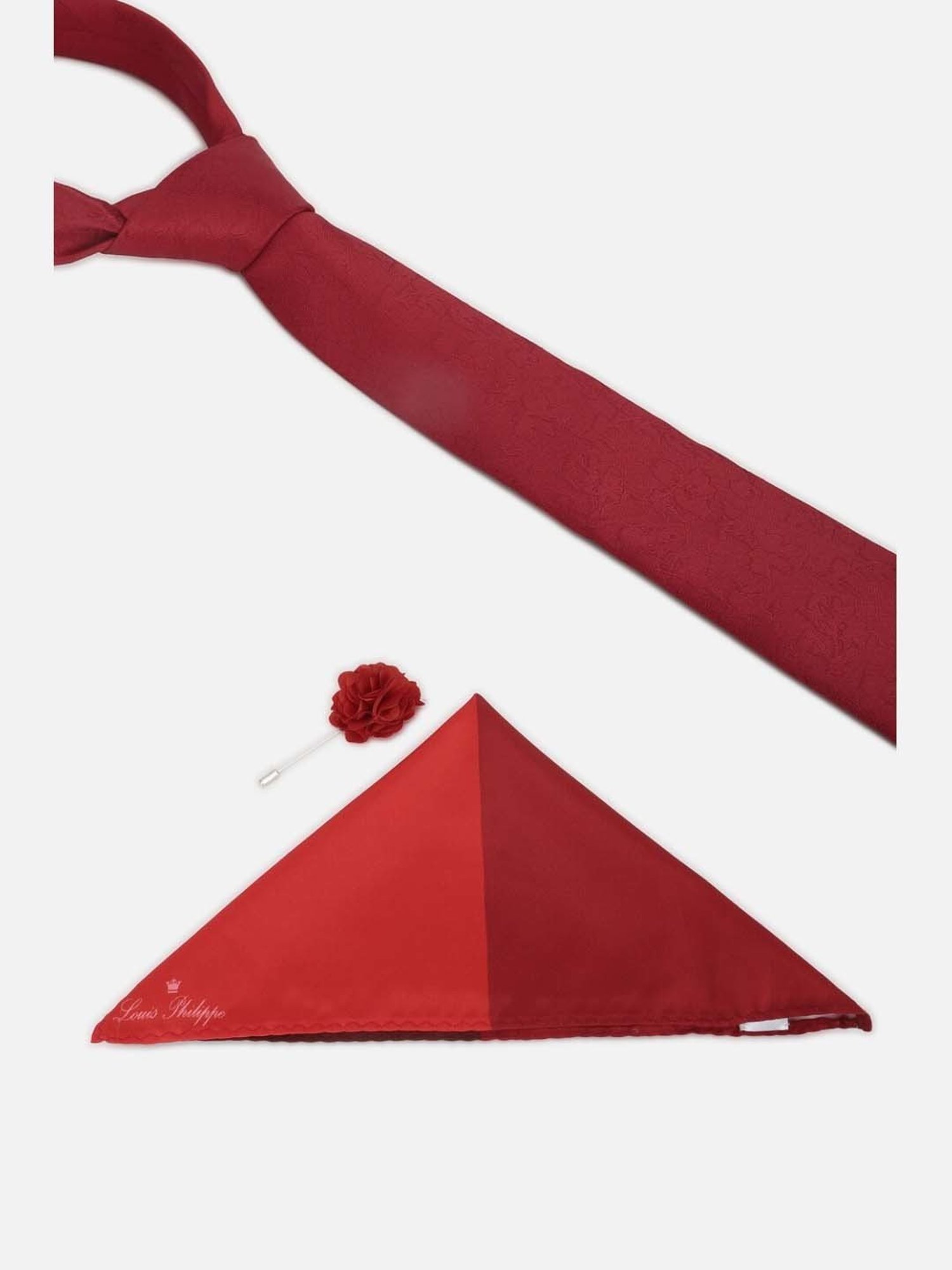 Louis Philippe Red Embroidered Tie with Pocket Square & Lapel Pin