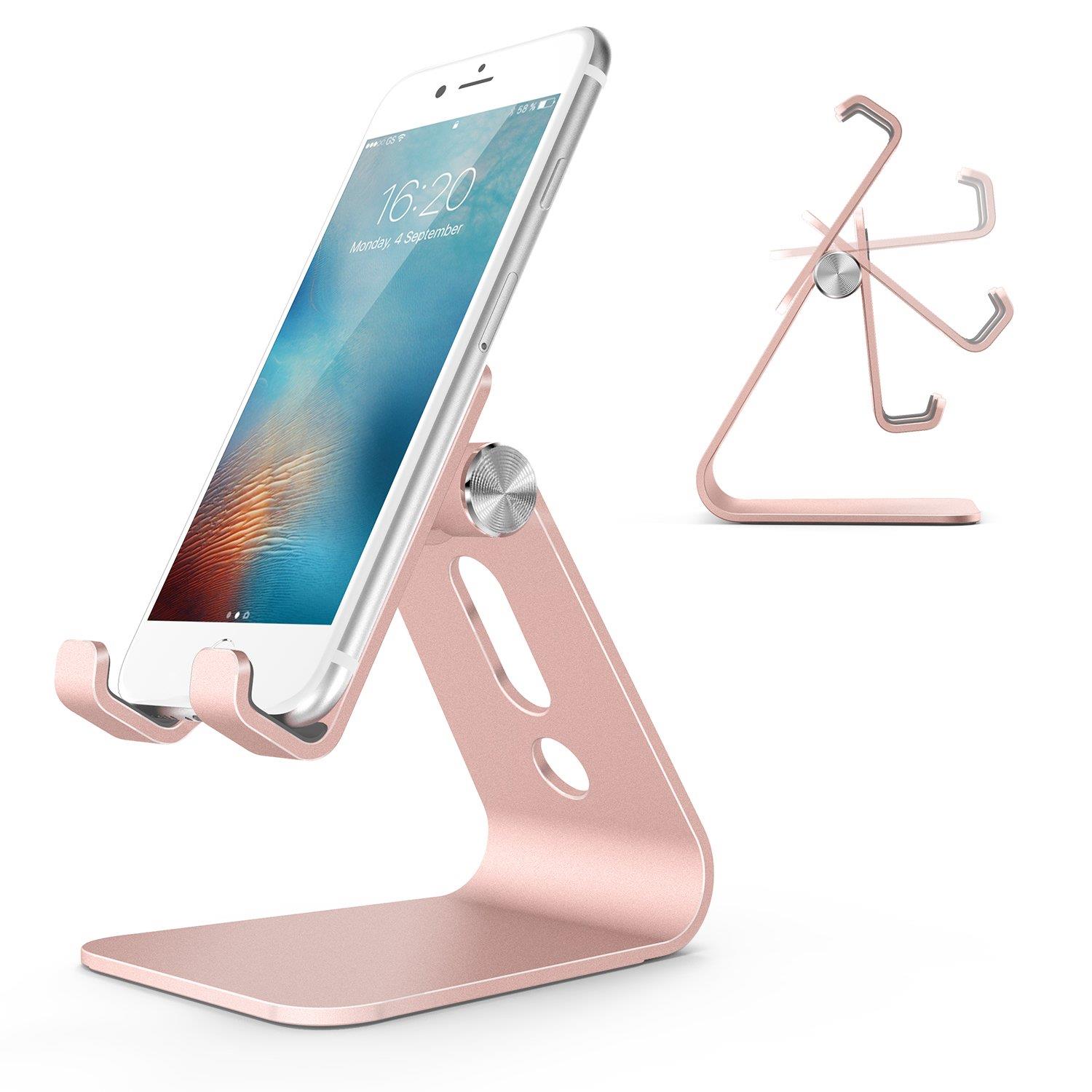 Cell Phone Stand, OMOTON Adjustable Aluminum Desktop Cellphone Tablet Stand Holder for Cellphones, iPhone and E-Readers, Rose Gold