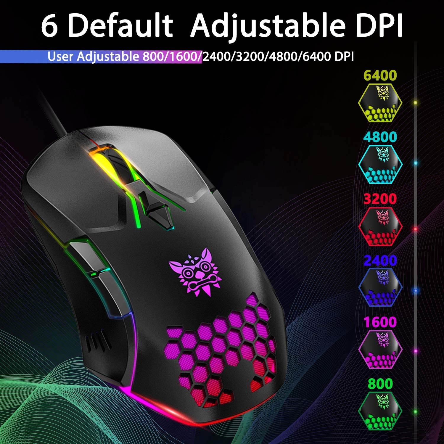 Gaming Mouse Wired, RGB Backlit 6400 DPI Adjustable Gaming Mouses, Grip Ergonomic Optical PC Computer Gaming Mice, 7 Buttons for Windows 7/8/10/XP Vista Linux