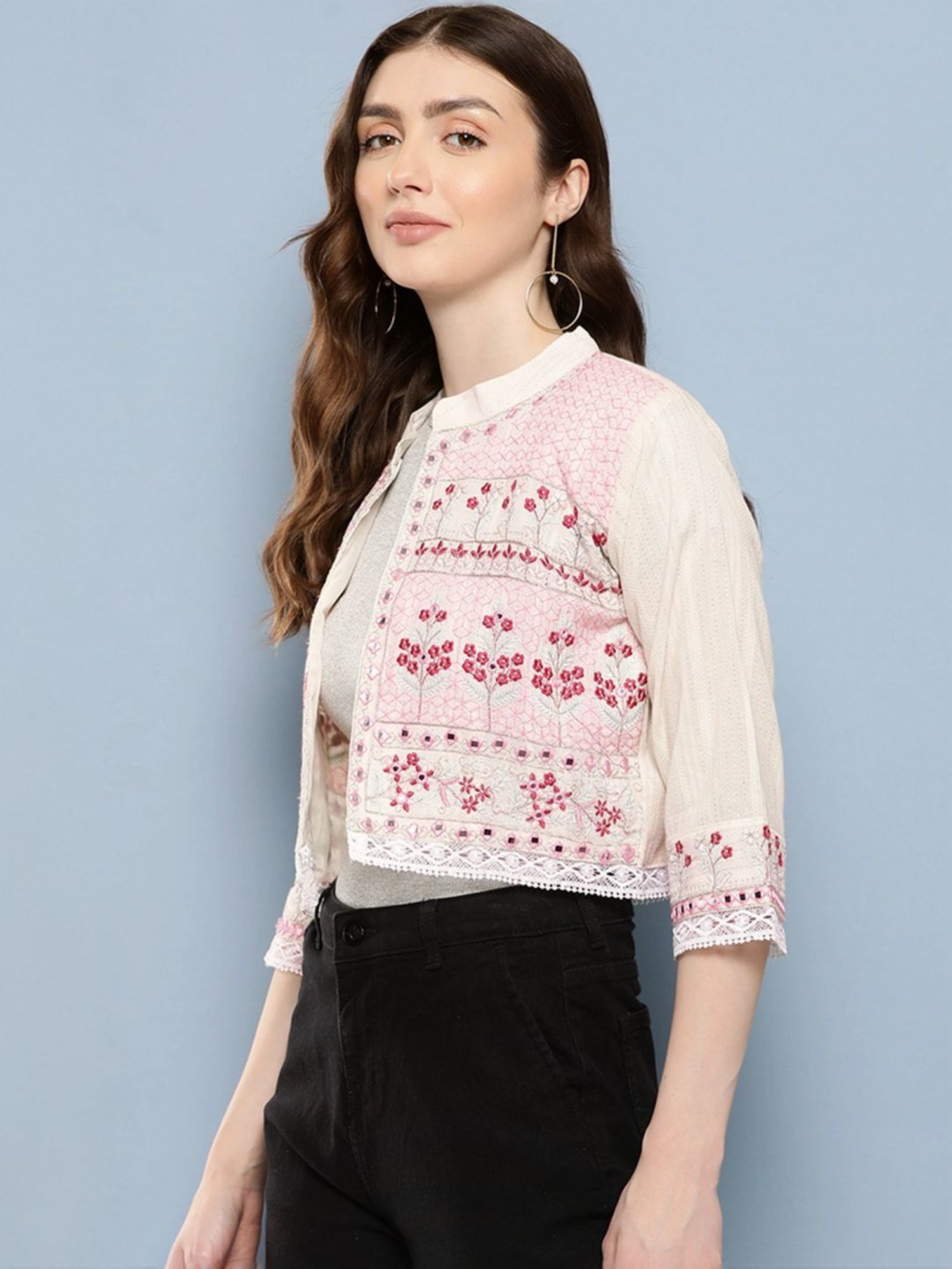 Aarika Beige Cotton Embroidered Shrug