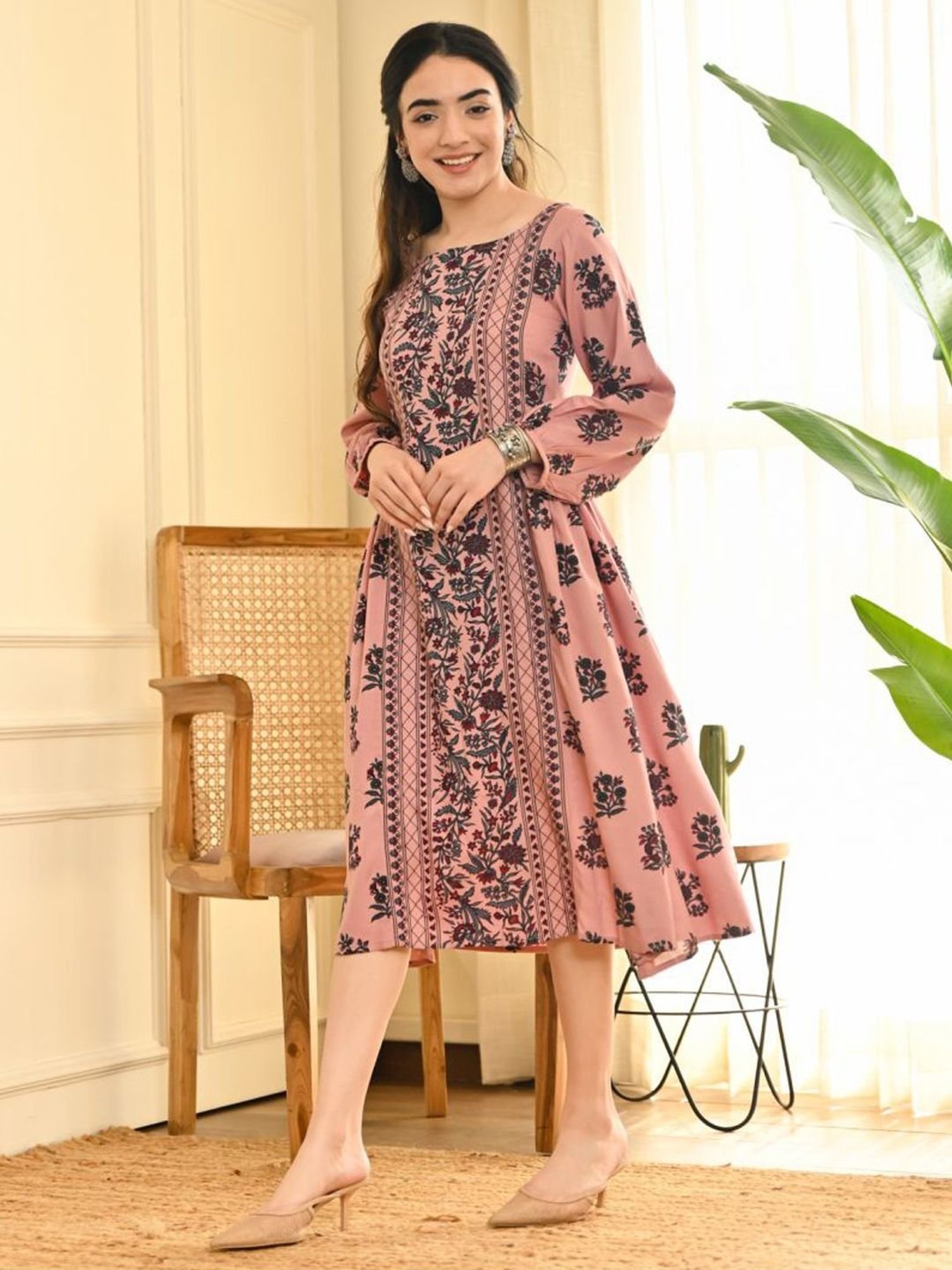 Rustorange Pink Printed A-Line Dress