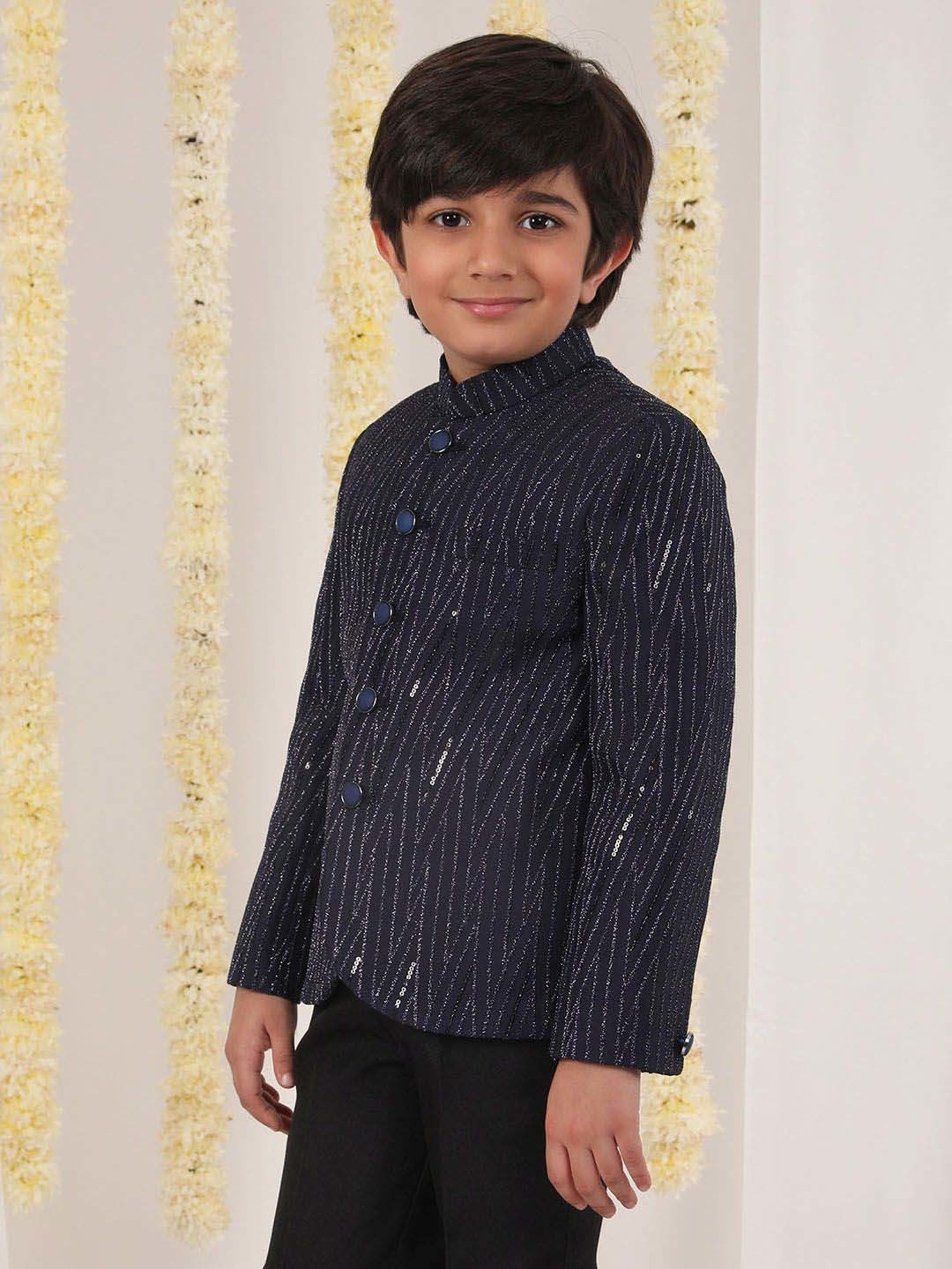 VASTRAMAY Boys Navy Sequence Full Sleeves Indowestern