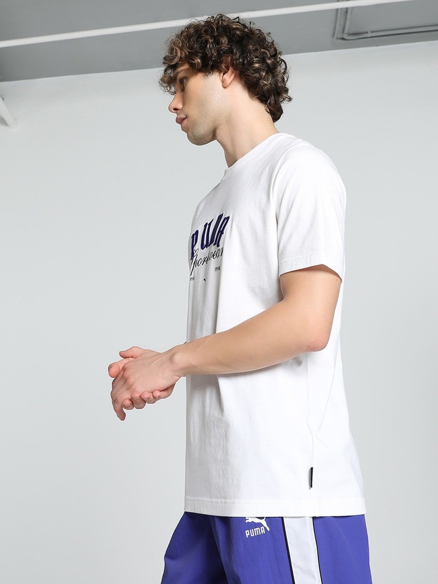 Puma White Cotton Regular Fit Logo Printed T-Shirt