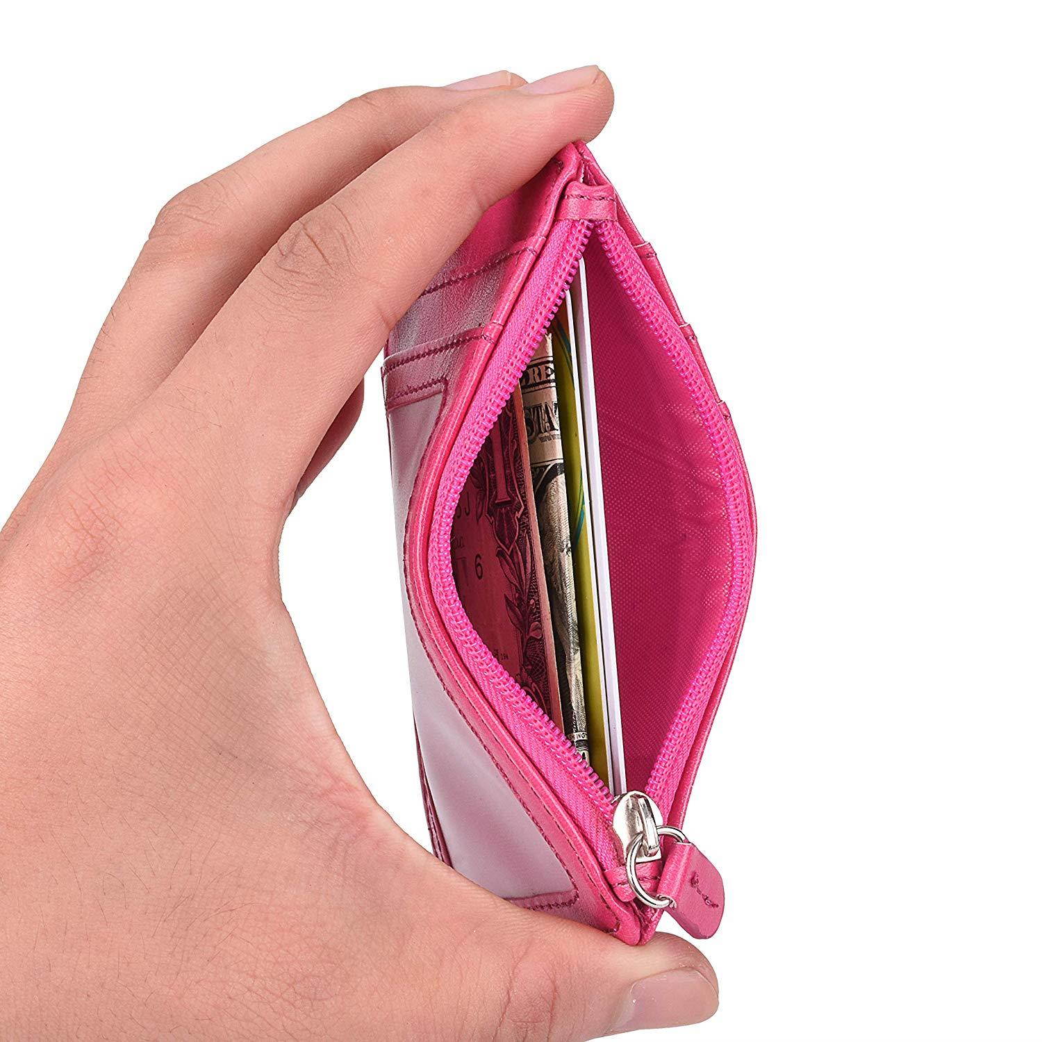 Badge Holder with Zip, Wisdompro Double Sided PU Leather ID Badge Card Holder Wallet Case with 5 Card Slots, 1 Side Zipper Pocket and 20" PU Neck Lanyard/Strap - Hot Pink (Vertical)