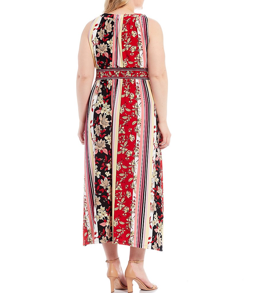 London Times Plus Size Floral Printed Matte Jersey Halter Keyhole Neck Maxi Dress