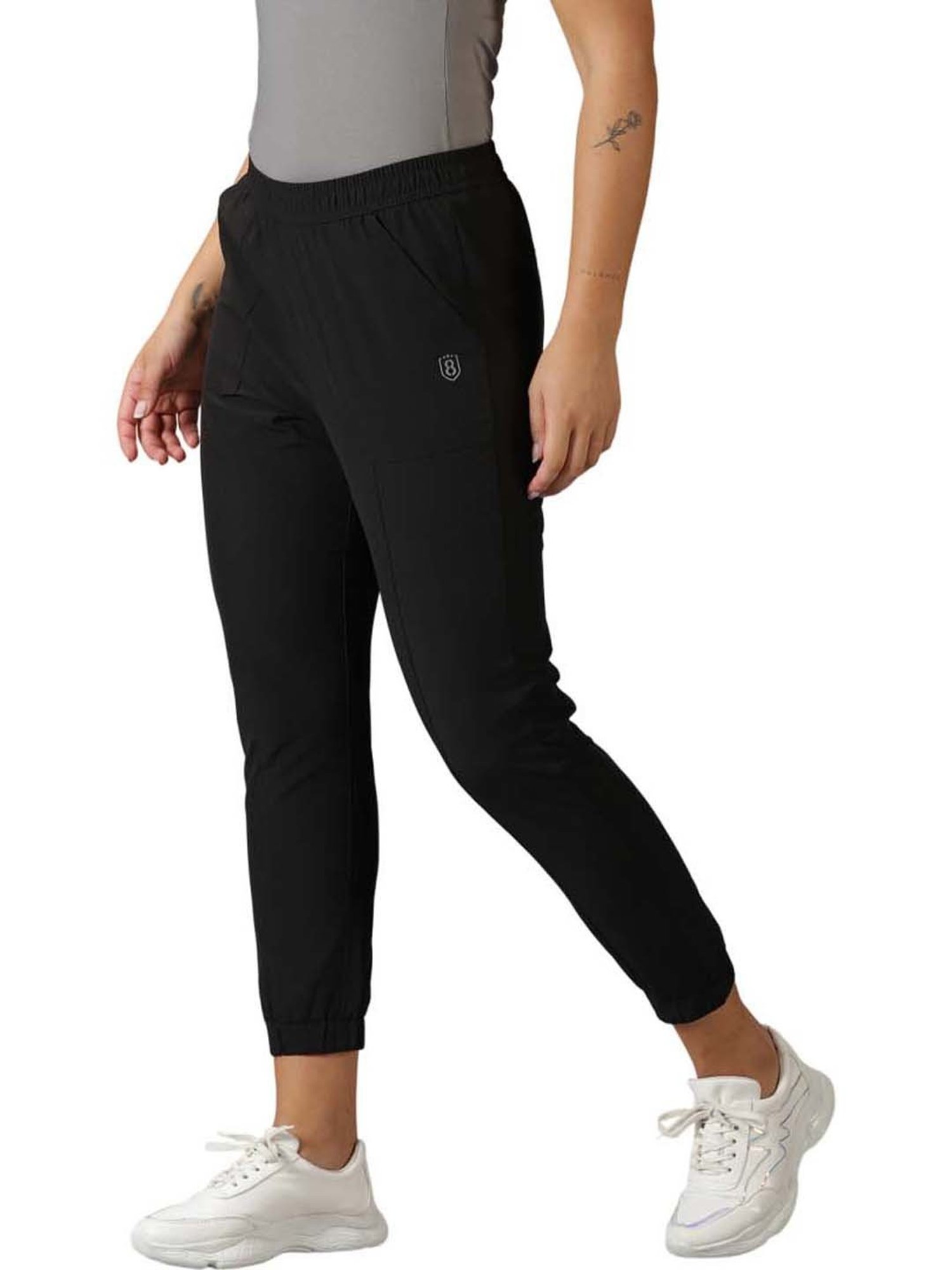 Domin8 Women Solid Running Black Track Pants With Elasticated Waist & Pockets