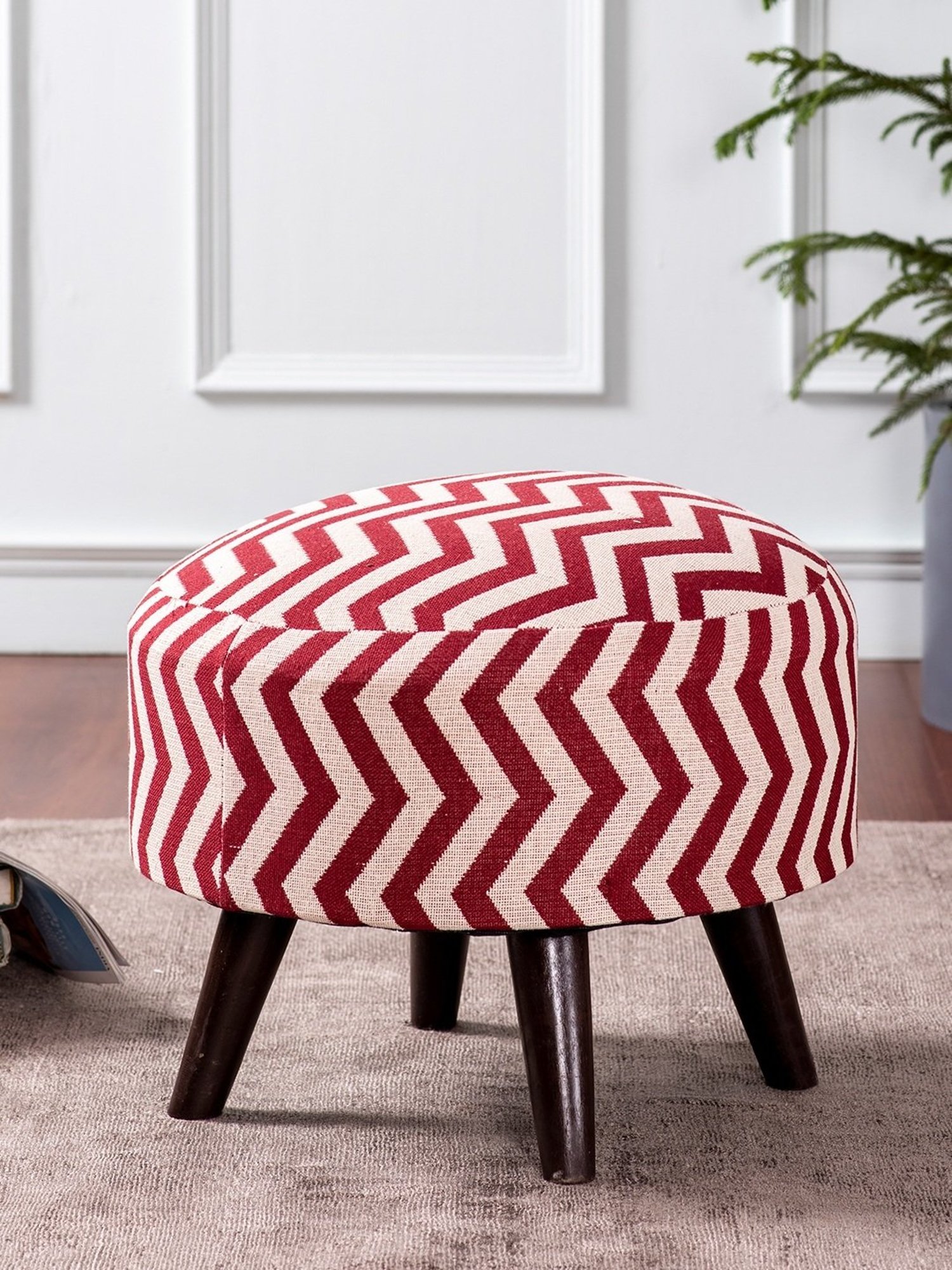 Nestroots Printed White Cotton Canvas 4 Wooden Legs Ottoman