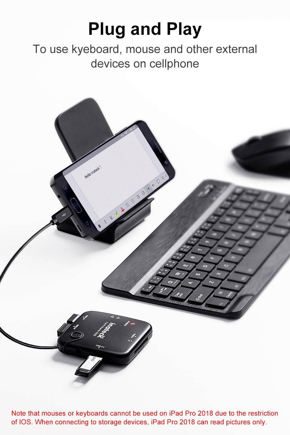 Inateck Card Reader Adapter, USB OTG Adapter with SD/TF/MS/M2 Card Slot and 3 USB 2.0 Ports, (No Power Adapter), Black, HB3001G