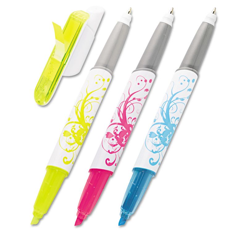 Post-it Flag + Highlighter/Pen BE/PK/YW White Graphic Barrel 3/Pack 691HLP3