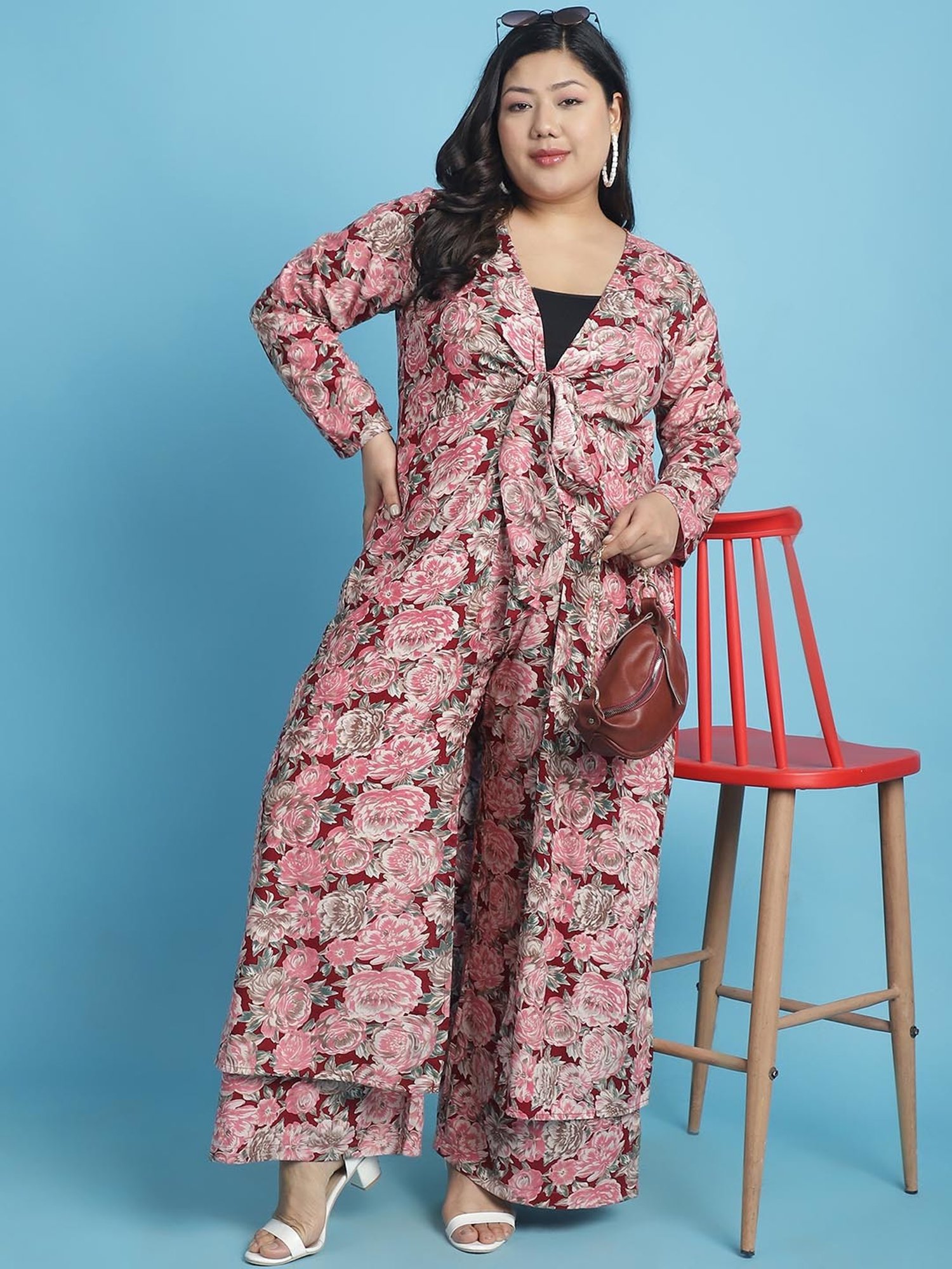 theRebelinme Maroon Floral Print Long Shrug