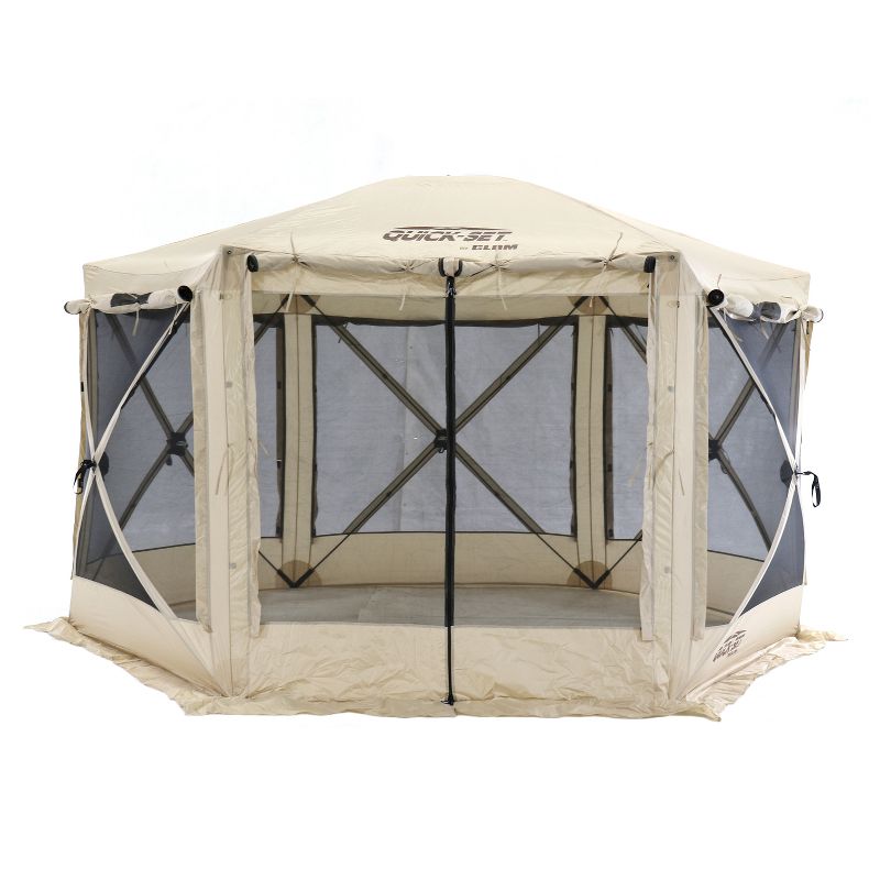 CLAM Quick-Set Pavilion 12.5 x 12.5 Foot Portable Pop-Up Outdoor Camping Gazebo Screen Tent 6 Sided Canopy Shelter with Ground Stakes & Carry Bag, Tan
