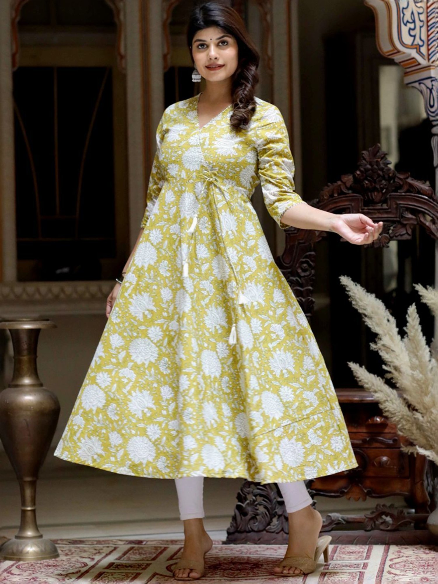 Miravan Green Cotton Angrakha Floral Print Kurta
