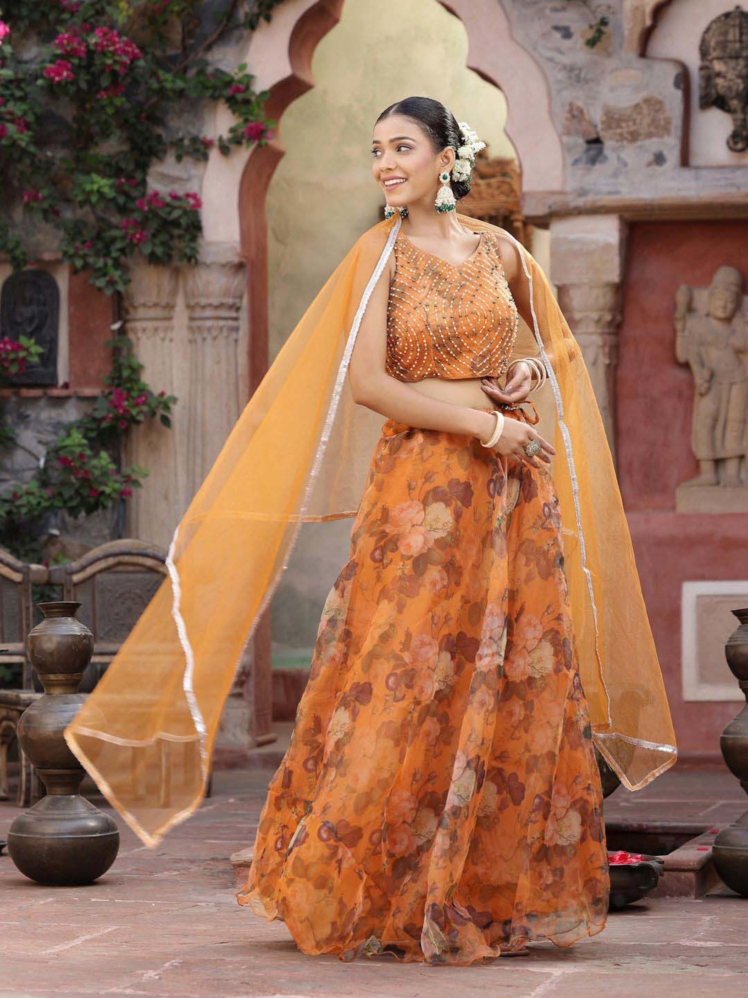 Stylum Orange Printed Lehenga Choli Set With Dupatta