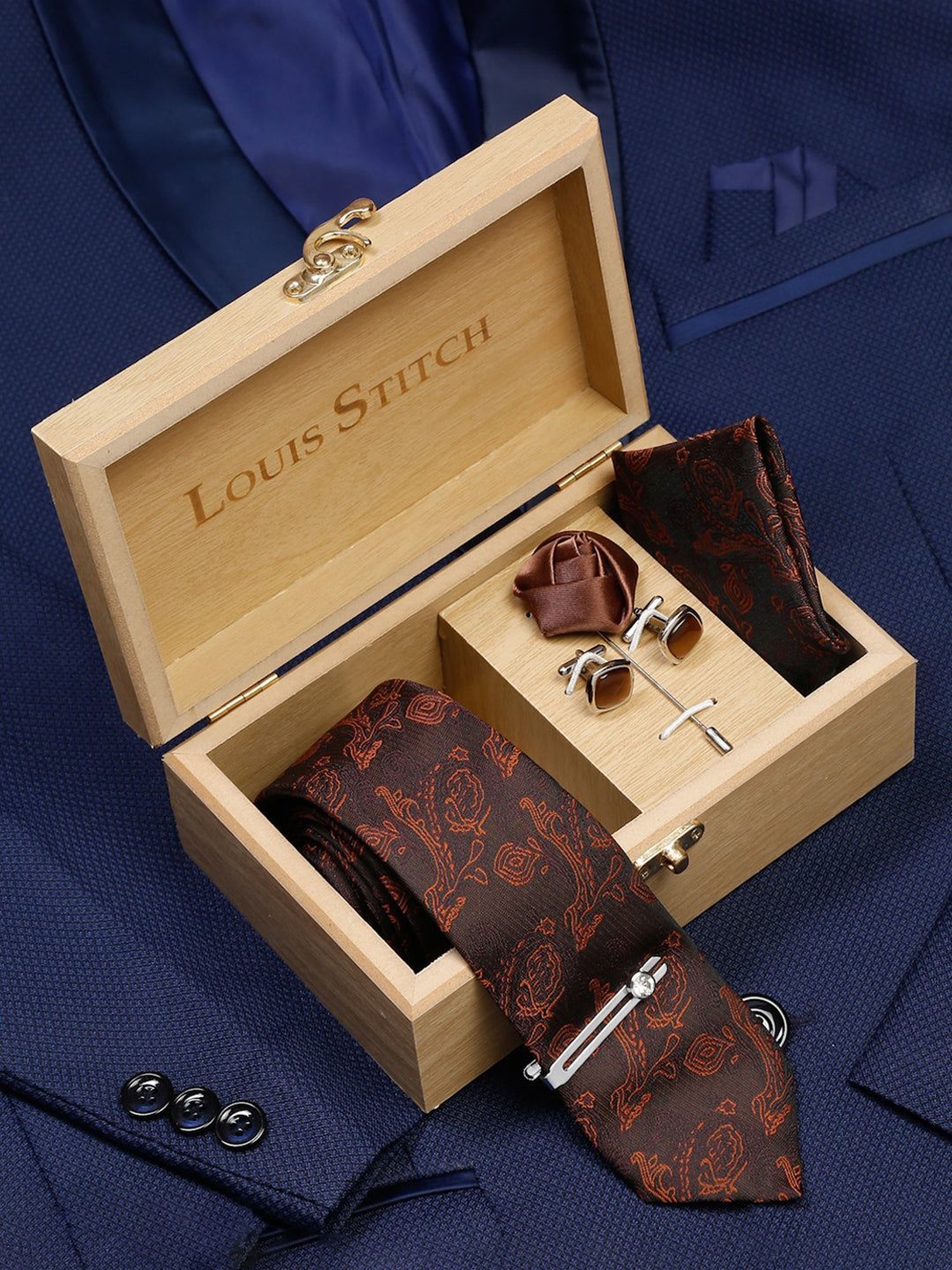 Louis Stitch Brown Embroidered Necktie Gift Set - Set of 5