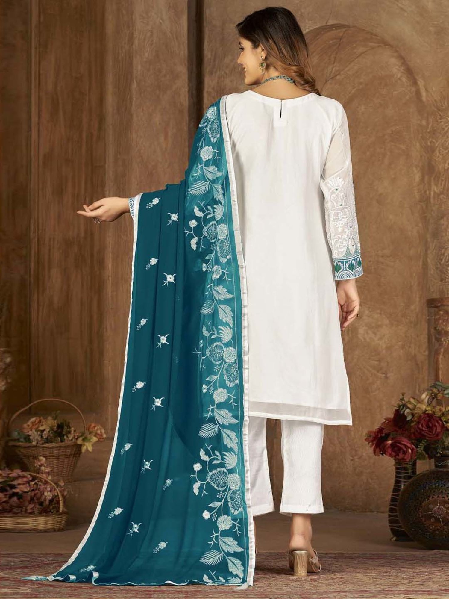 Warthy Ent White Embroidered Semi Stitched Dress Material