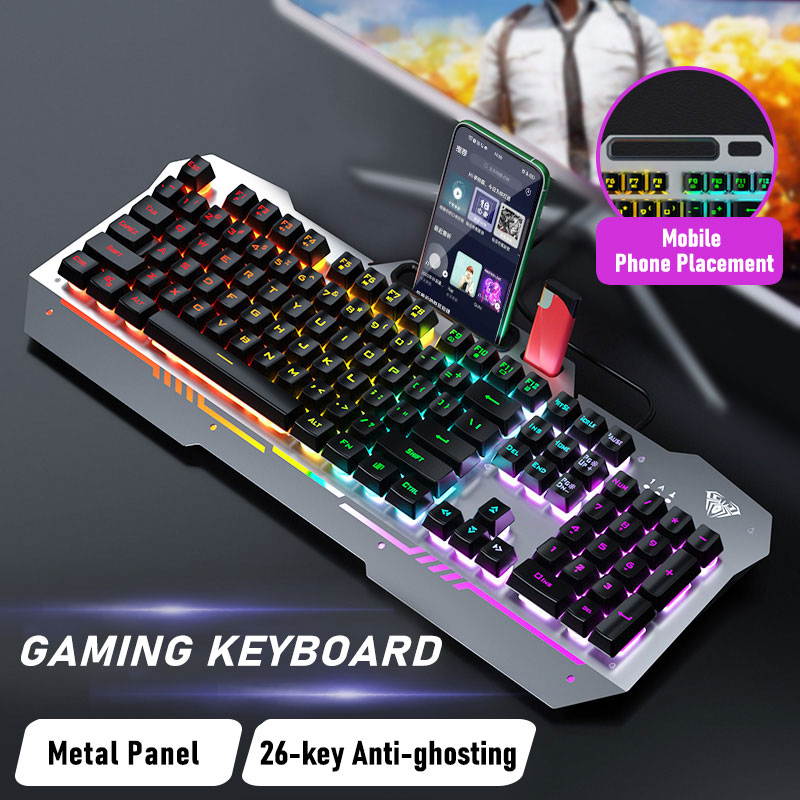 AULA F3010 Wired Gaming Keyboard 26 Keys Anti-ghosting Ergonomic Metal Panel Mix Backlit LED Gamer Keyboard for Desktop Laptop