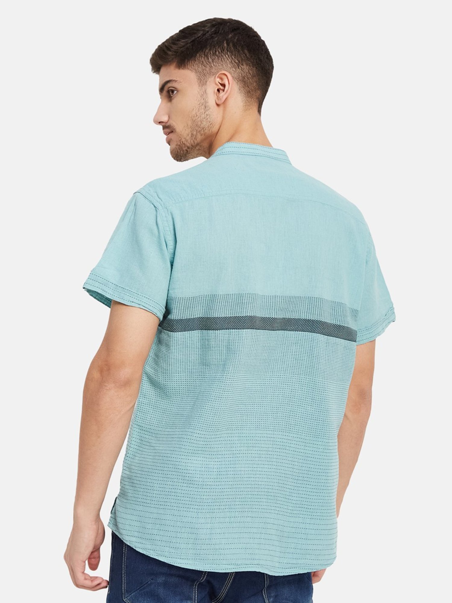 METTLE Light Teal Cotton Regular Fit Striped Shirt