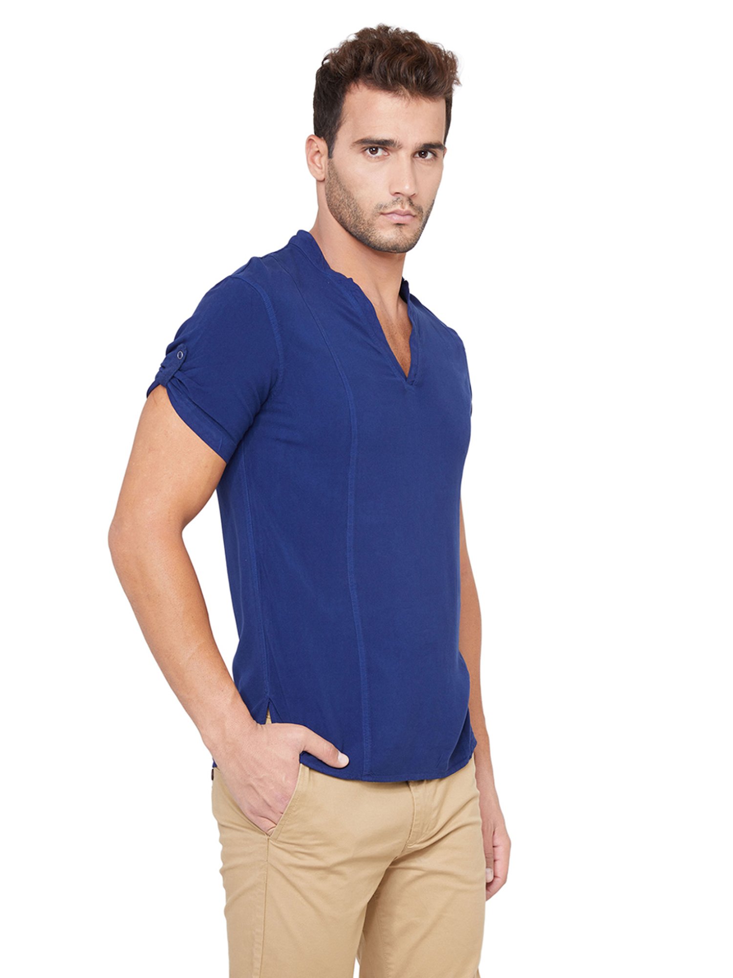 Identiti Navy Blue Slim Fit Short Kurta