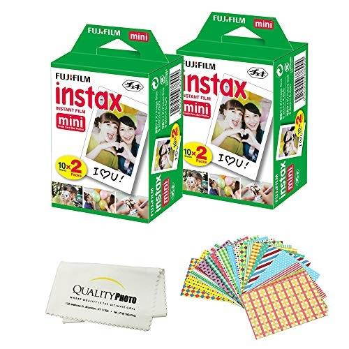 Fujifilm INSTAX Mini Instant Film 4 Pack 40 SHEETS (White) For Fujifilm Mini 8 Cameras Bundled with custom instax FRAME STICKERS and Quality Photo Microfiber Cloth for mini 8 lens