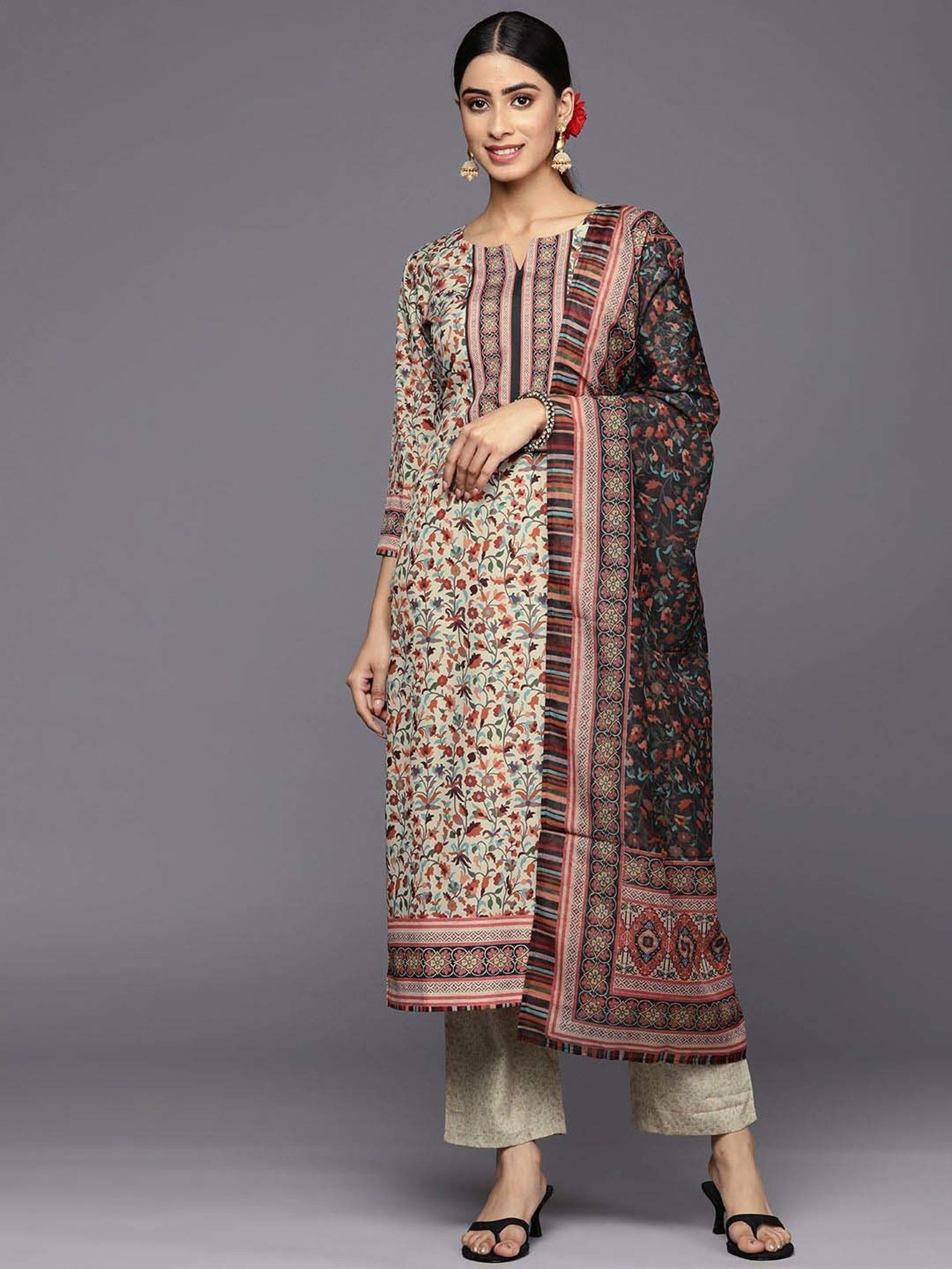 Libas Beige Woven Pattern Kurta Pant Set With Dupatta