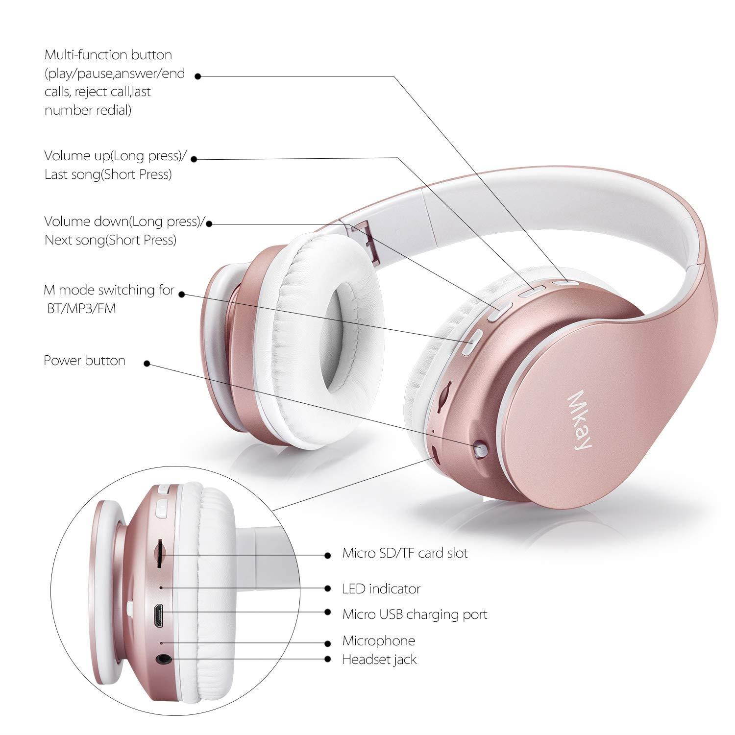 Bluetooth Headphones Wireless,MKay Over Ear Headset V5.0 with Microphone, Foldable & Lightweight, Support Tf Card MP3 Mode and Fm Radio for Cellphones Laptop TV-Rose Gold