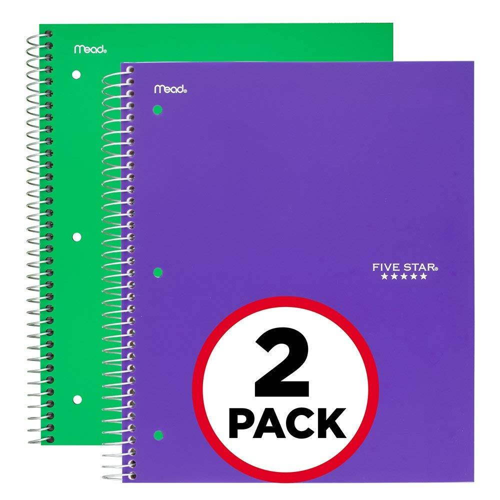 Five Star Spiral Notebooks, 5 Subject, College Ruled Paper, 200 Sheets, 11" x 8-1/2", Green, Purple, 2 Pack (38458)
