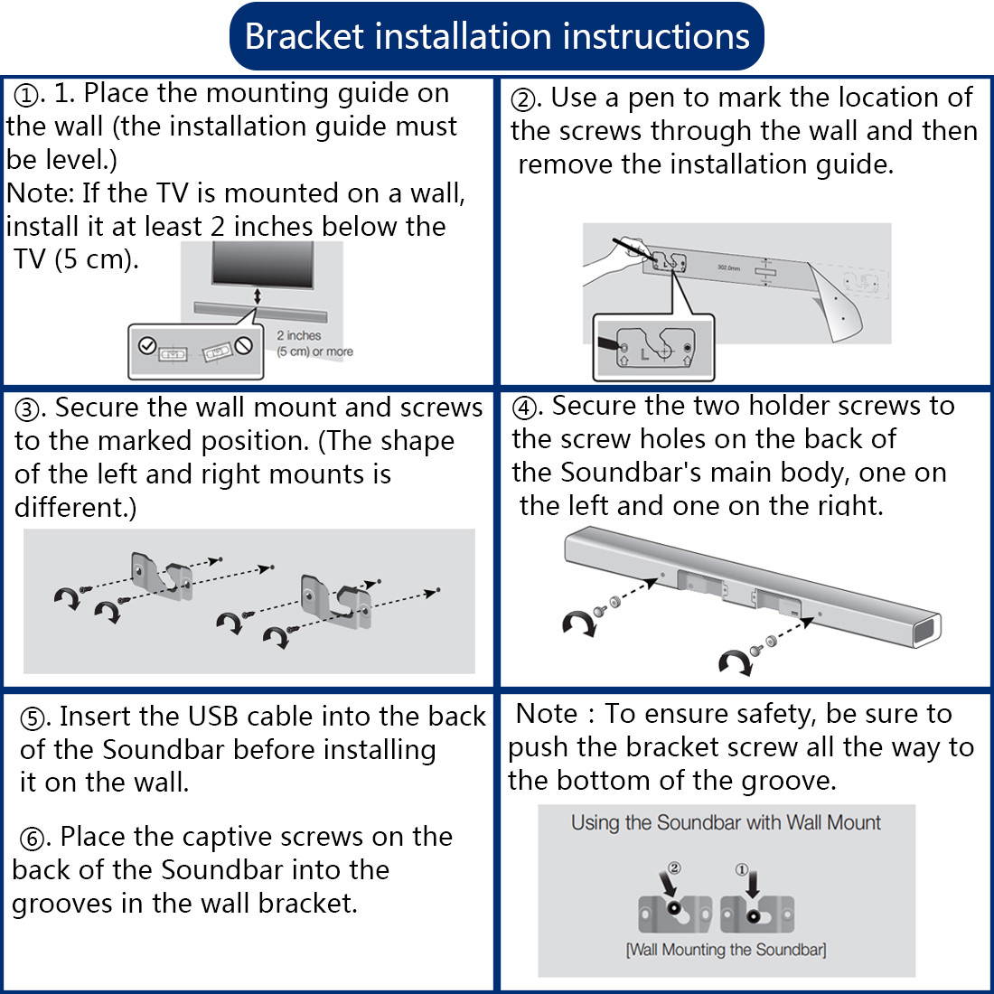1 Pair of Soundbar Wall Bracket with Installation Instructions and Accessories Compatible for Samsung Soundbar HW-J650 HWJ650/ZA