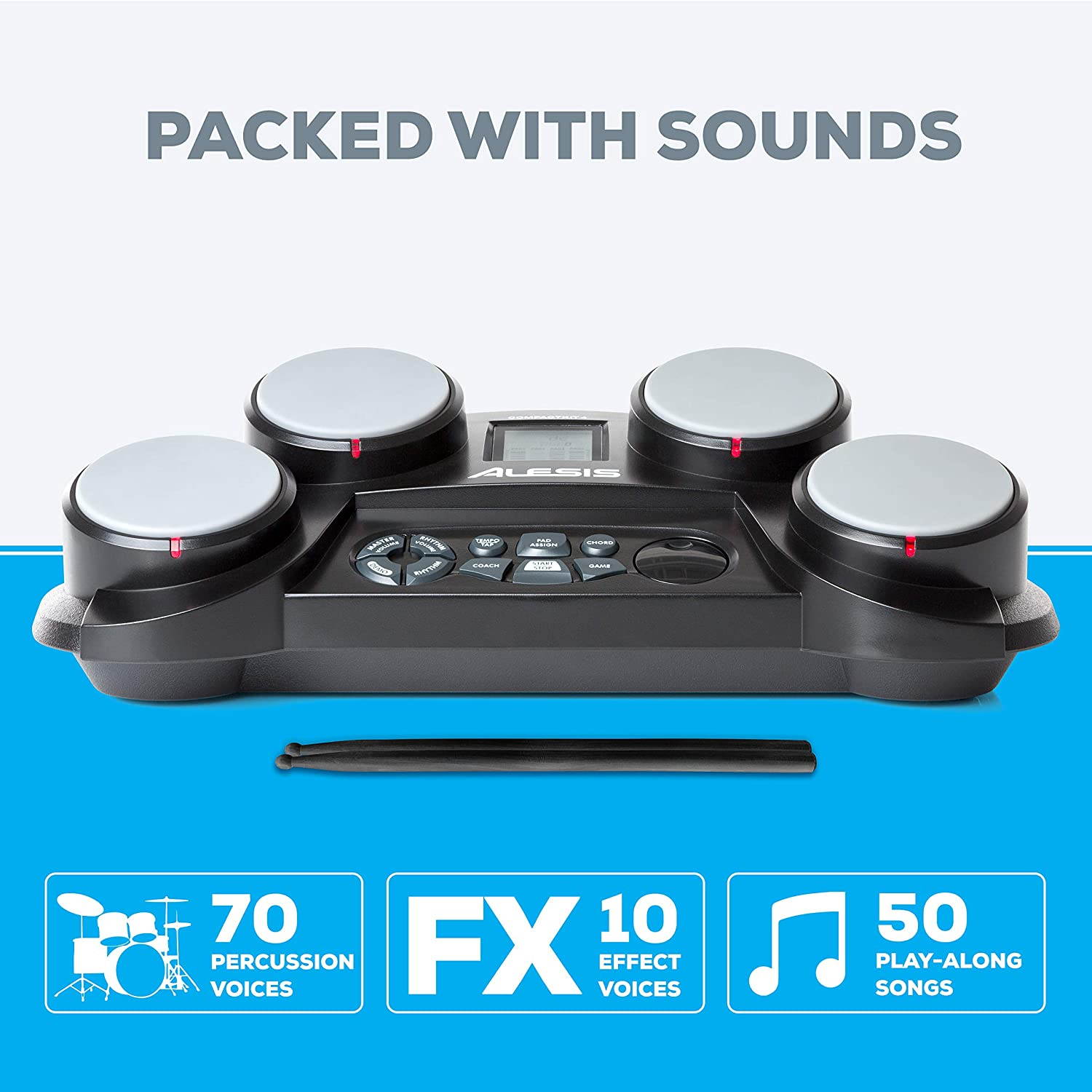 Alesis Compact Kit 4 | Portable 4-Pad Tabletop Electronic Drum Kit with Velocity-Sensitive Drum Pads, 70 Drum Sounds, Coaching Feature, Game Functions, Battery- or AC-Power and Drum Sticks Included