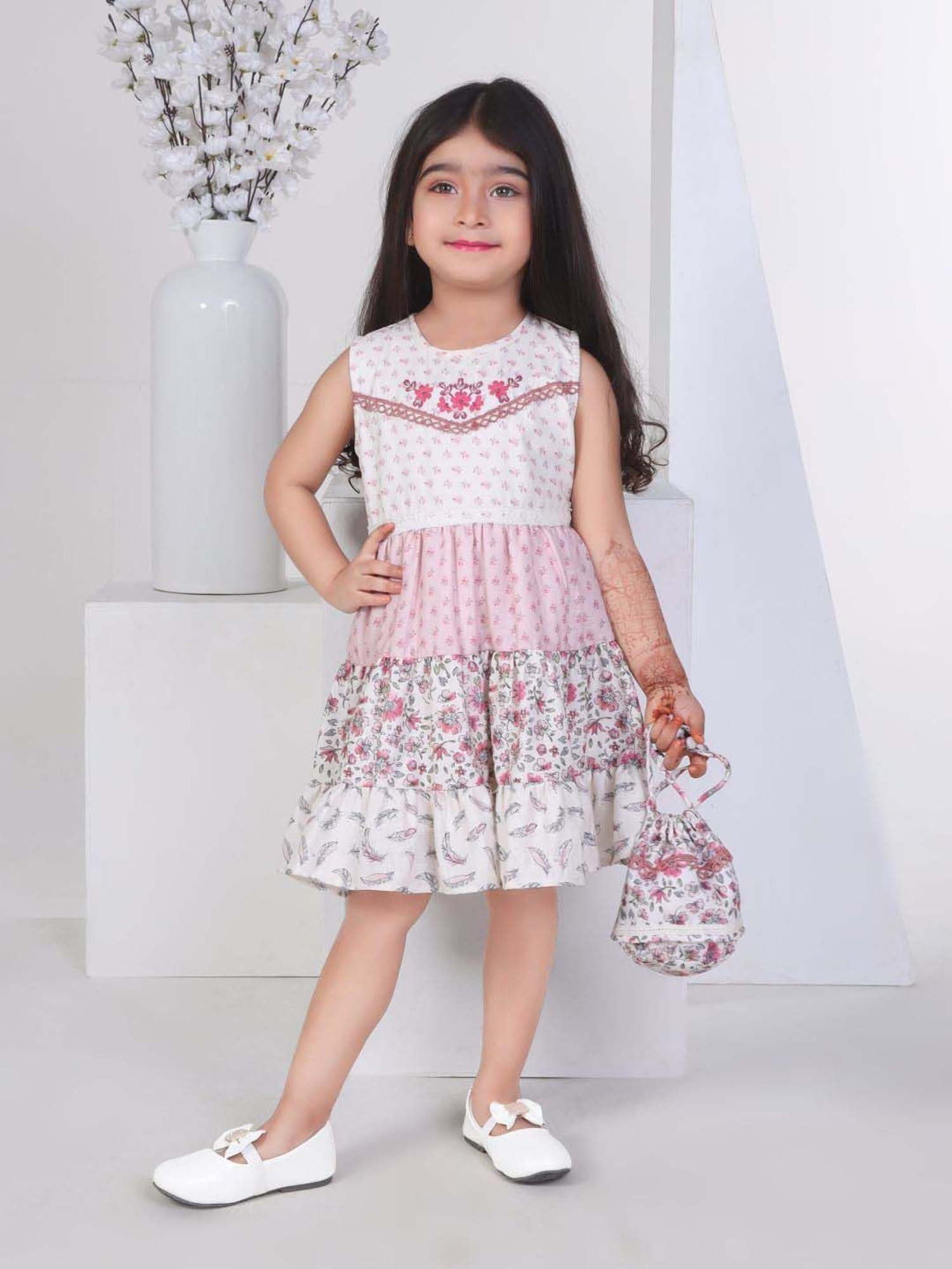 Peppermint Girls Cream Linen Floral Dress