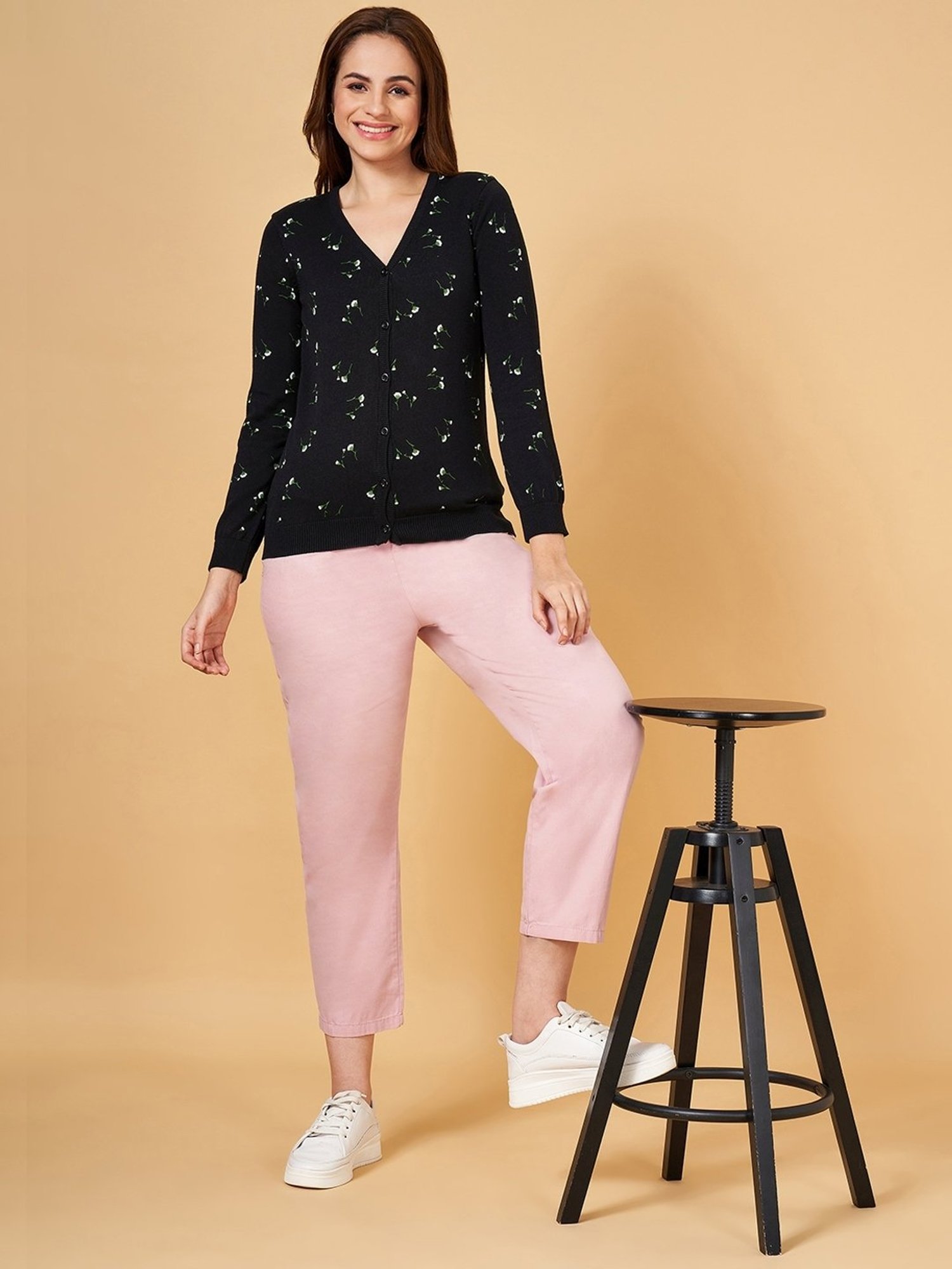 Honey by Pantaloons Black Cotton Floral Print Cardigan