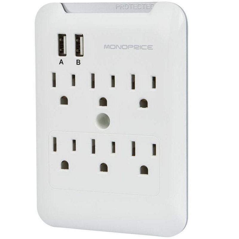 Monoprice 2 Outlet Surge Protector Wall Tap with 2 USB Charging Ports 3.4A, 450 Joules, White