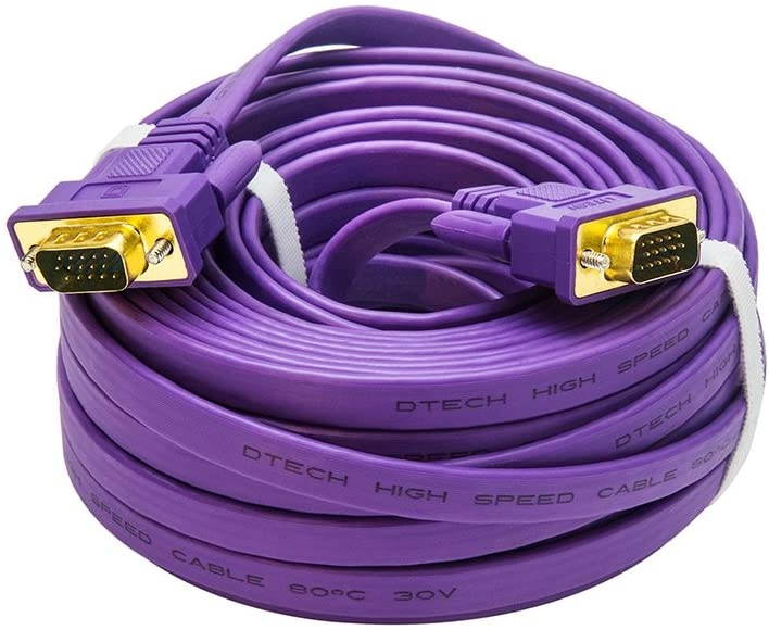 DTECH 50ft Thin VGA Cable Male to Male 15 Pin SVGA Computer Monitor Cord Flat Slim Adapter with Screws (50 Feet Purple)