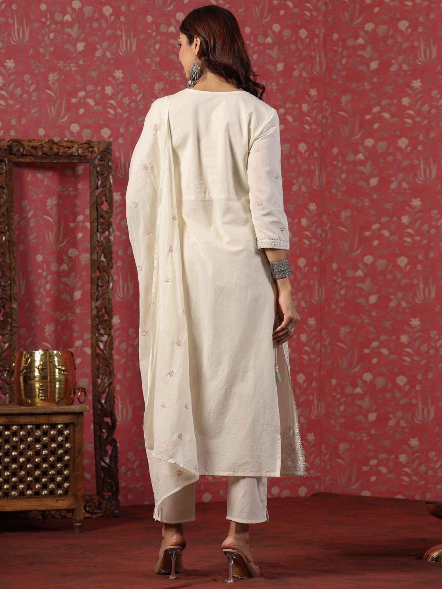READIPRINT FASHIONS Beige Cotton Embroidered Kurta Pant Set With Dupatta