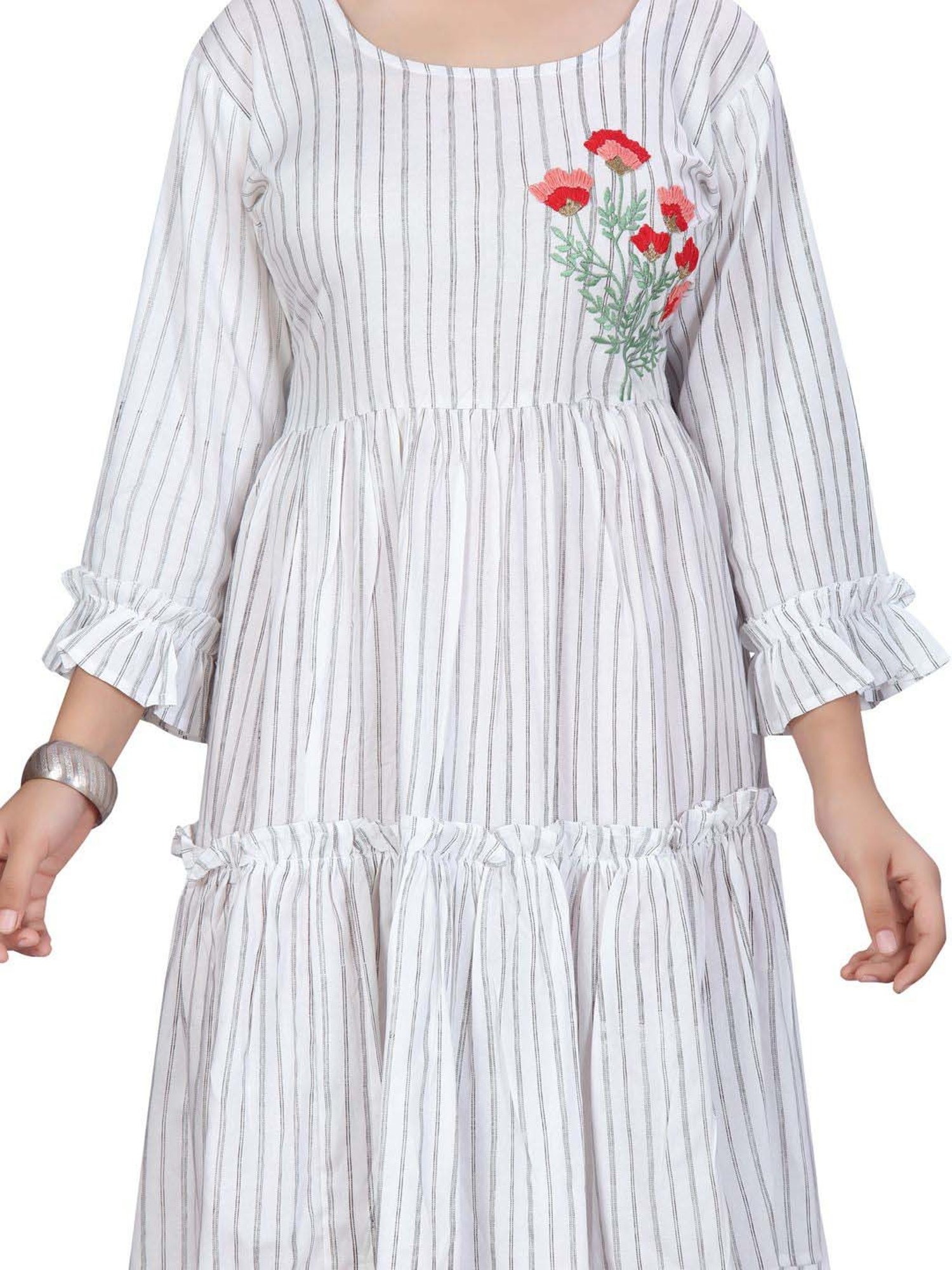 Aarika Kids Grey Cotton Embroidered Midi Dress