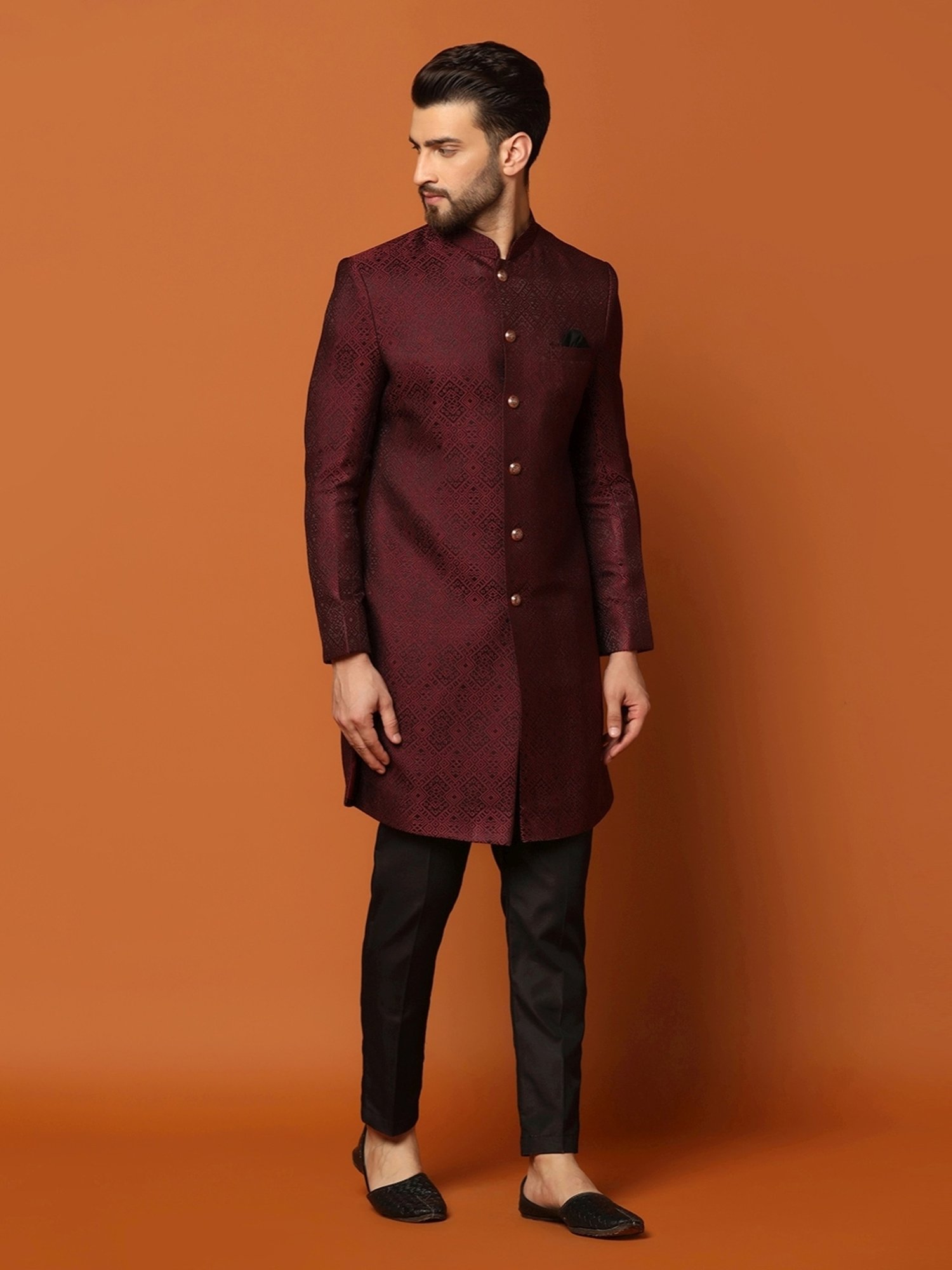 Kisah Maroon Regular Fit Self Pattern Sherwani Jacket
