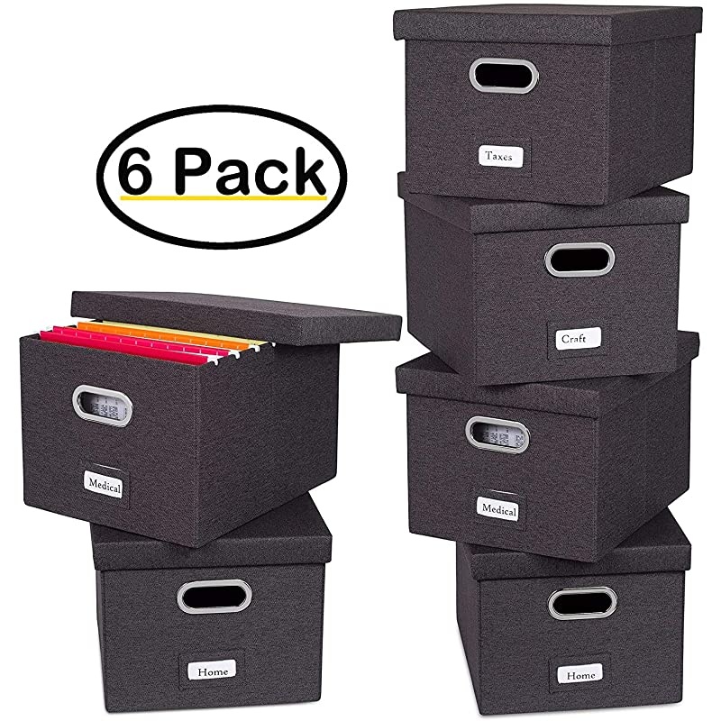 Collapsible File Storage Organizer with Lid Decorative Linen Filing amp Storage Office Box Hanging LetterLegal Folder Home Office Bins Cabinet Charcoal Container 6 Pack