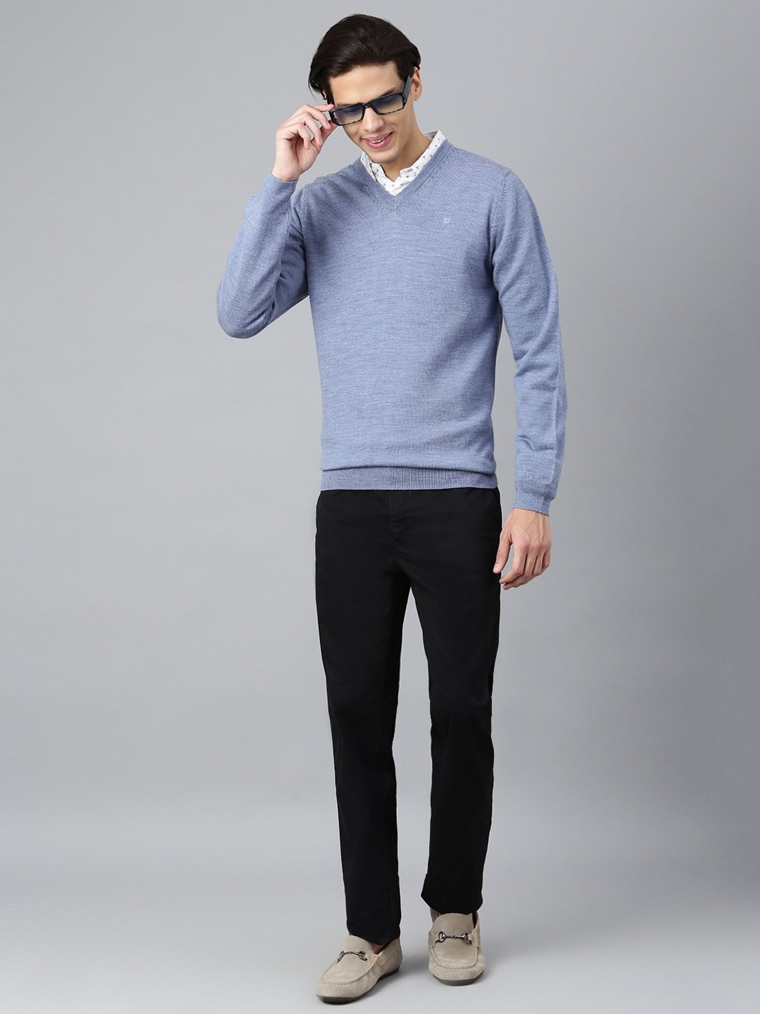 Woods Sky Blue Regular Fit V Neck Sweater