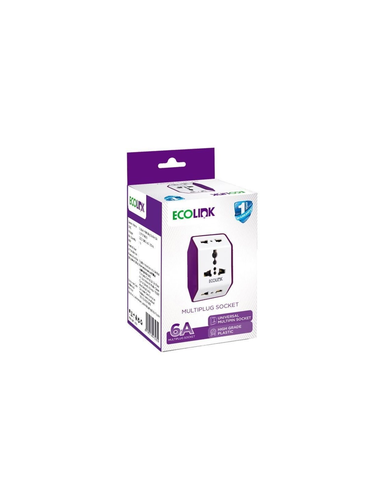 EcoLink Multiplug Socket 6A - Pack of 2 (White & Purple)