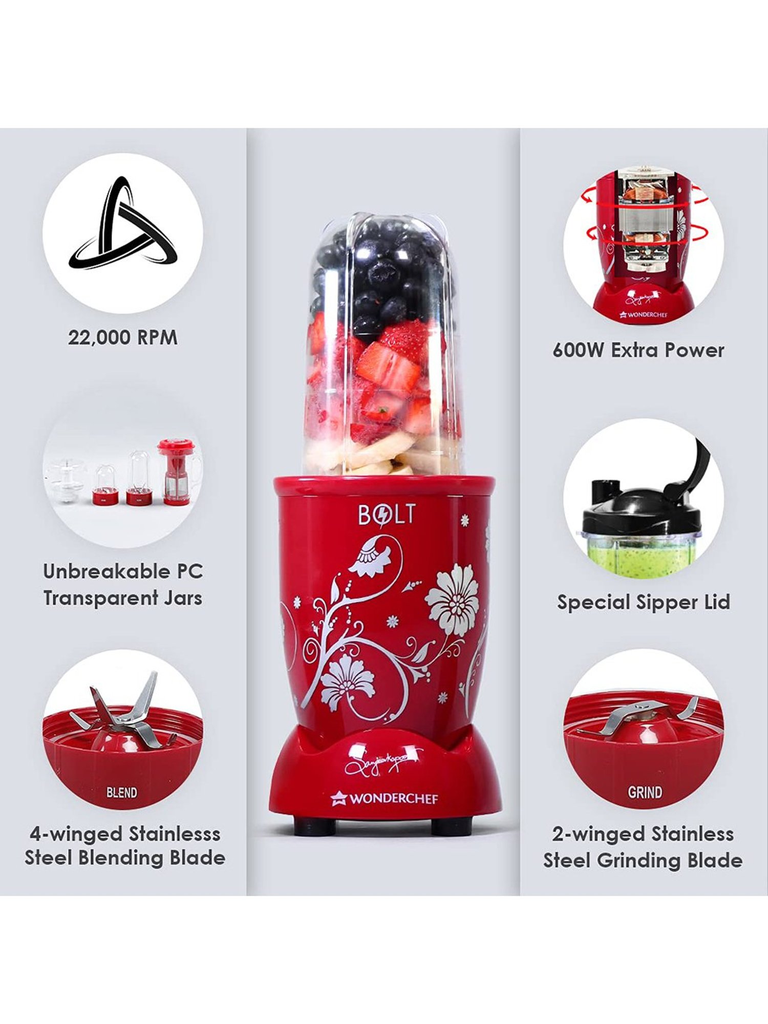 Wonderchef Nutriblend Bolt 600W Mixer Grinder (Red)