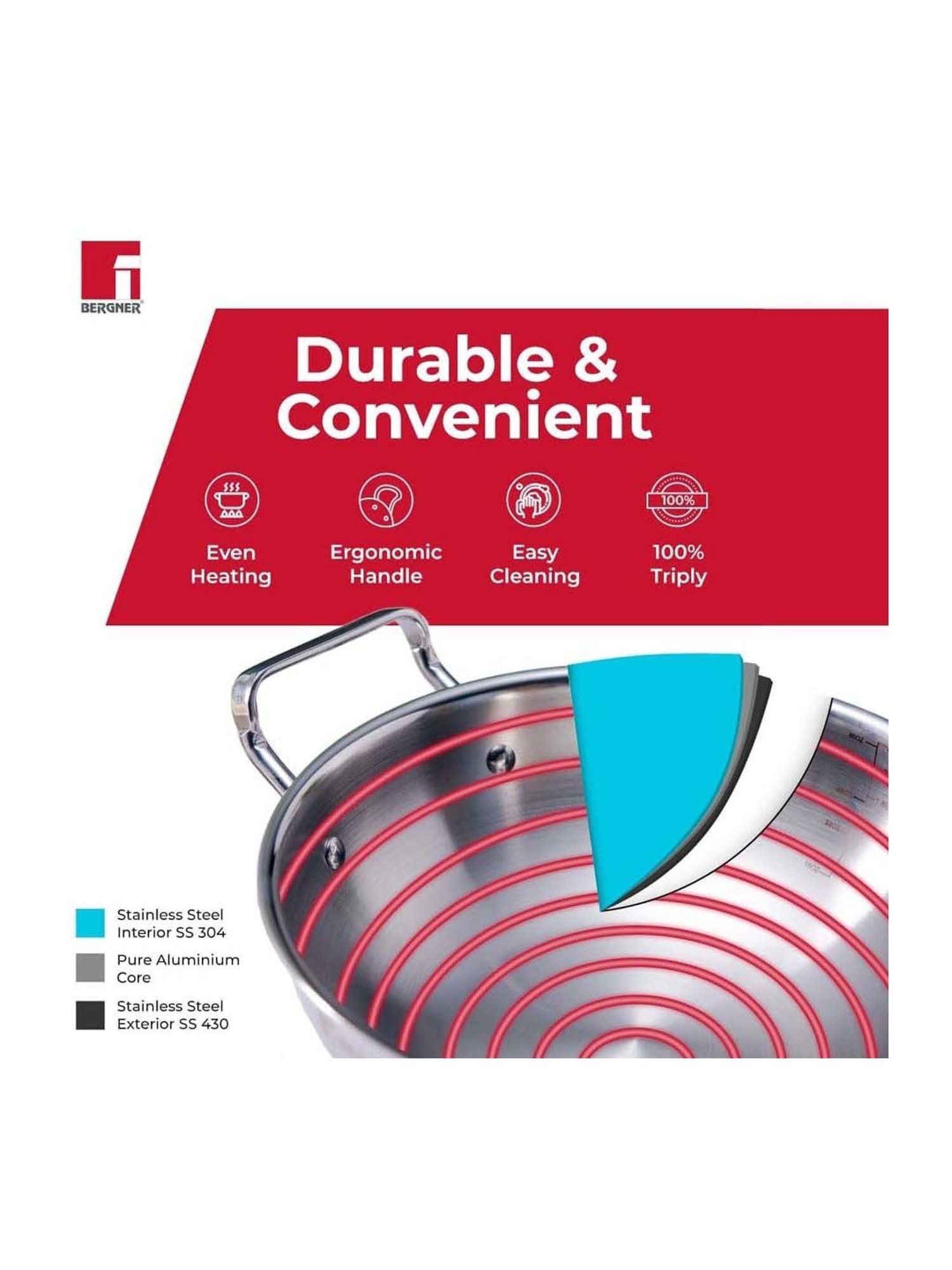 Bergner Tripro Silver Stainless Steel 26 cm Induction Friendly Triply Deep Kadai  With Lid (3.95 L)