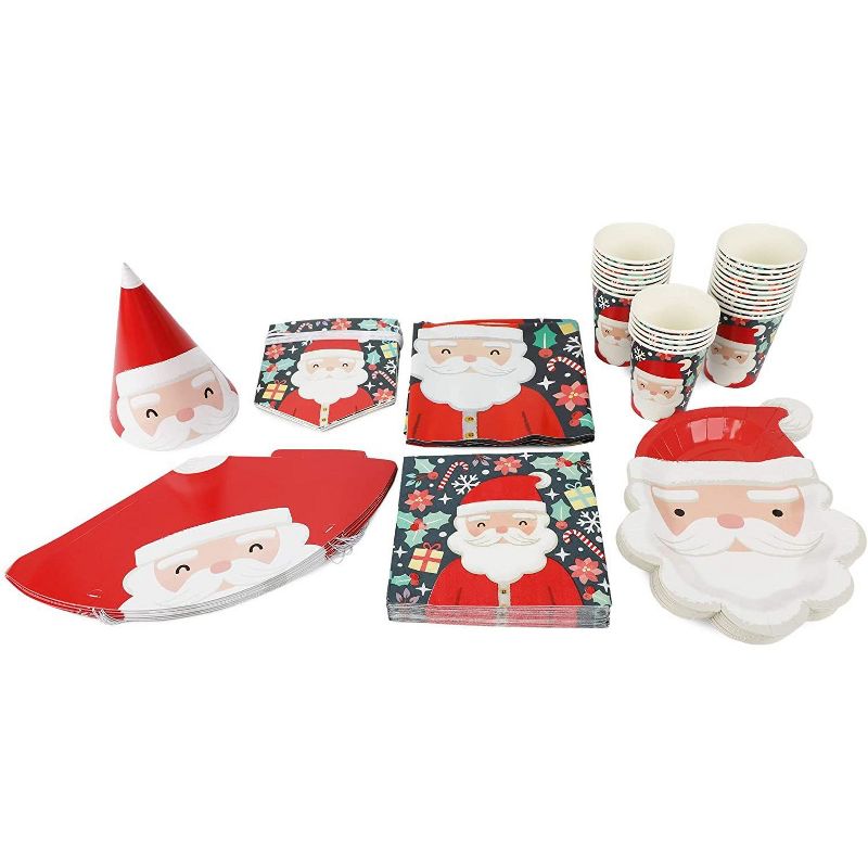 Blue Panda 99 Piece Christmas Santa Disposable Party Supplies Serves 24 - Hat, Tablecloth, Banner, Napkin, Cup & Cutlery