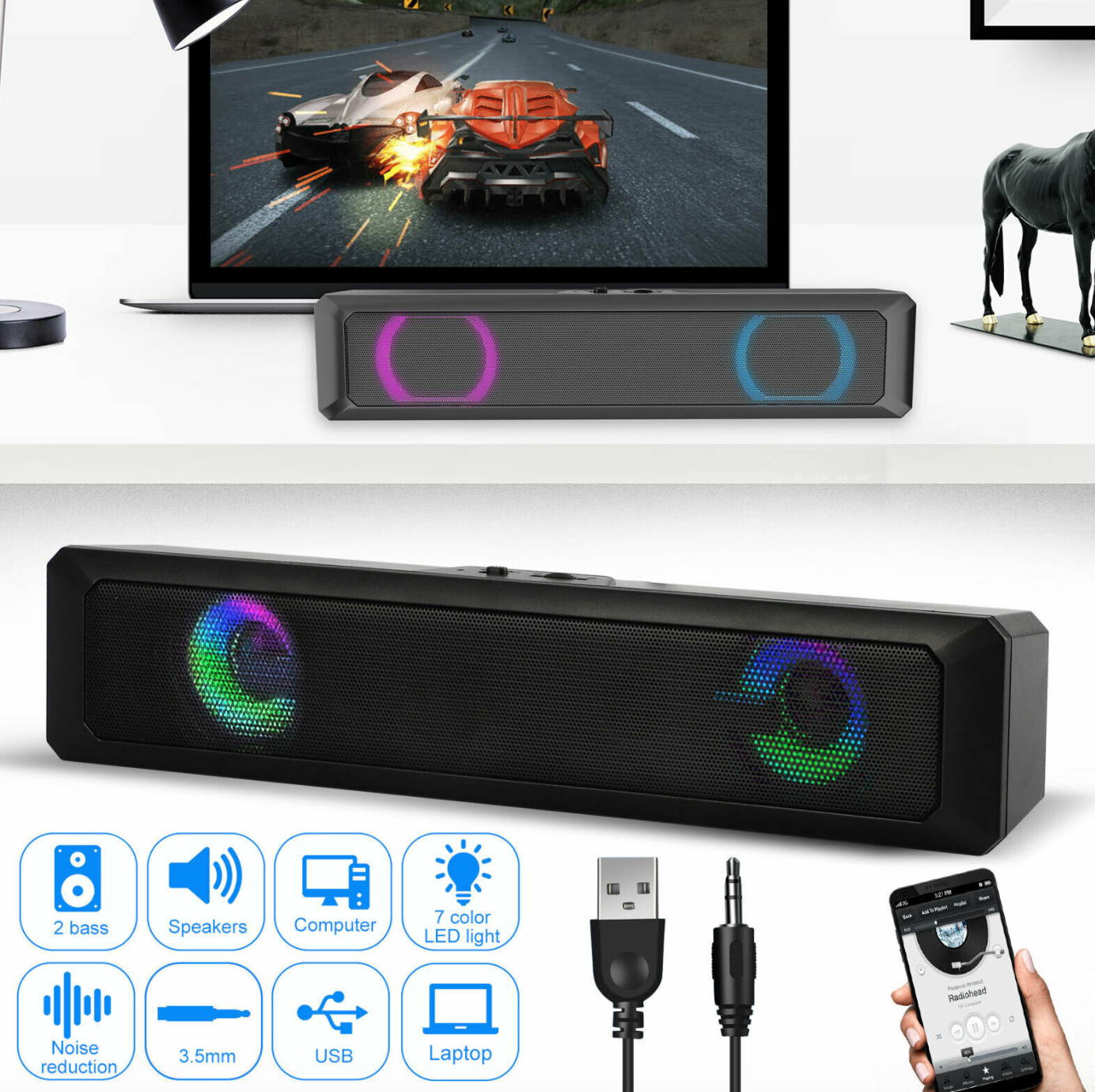 Computer Stereo Soundbar Speaker USB Powered 7 color LED For PC Desktop Laptop