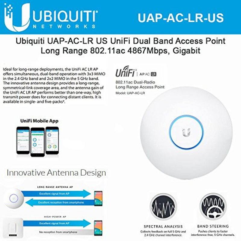 UniFi AP AC LR UAP-AC-LR-US Long Range 802.11ac Dual-Band Wireless Access Point Gigabit PoE Speeds 867Mbps (UAP-AC-LR-US)
