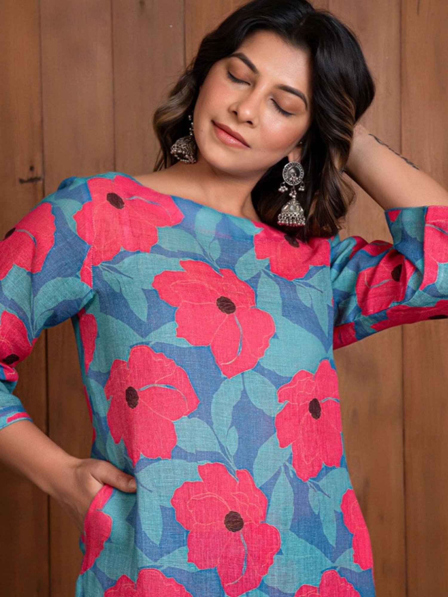 Eeshva India Blue Garden Of Dreams Pure Linen Kurta