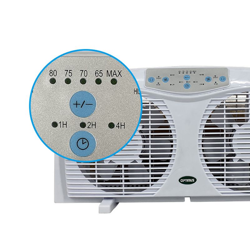 Optimus F-5286 Reversible 8 Inch Powerful 3 Speed Cool Air Home Twin Window Fan with Automatic Thermostat Control and LED Display, White