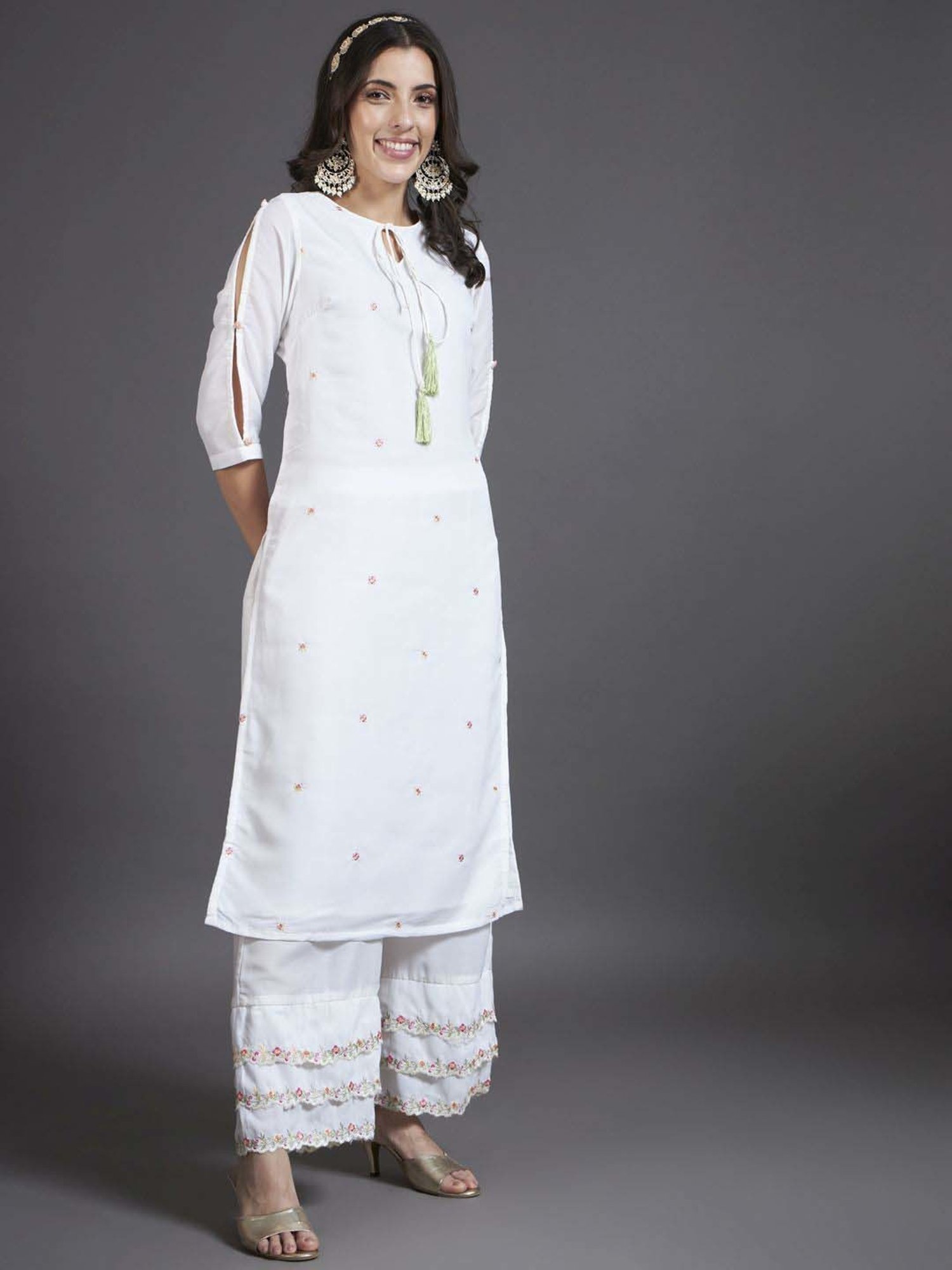 Heeposh White Embroidered Kurta Palazzo Set With Dupatta